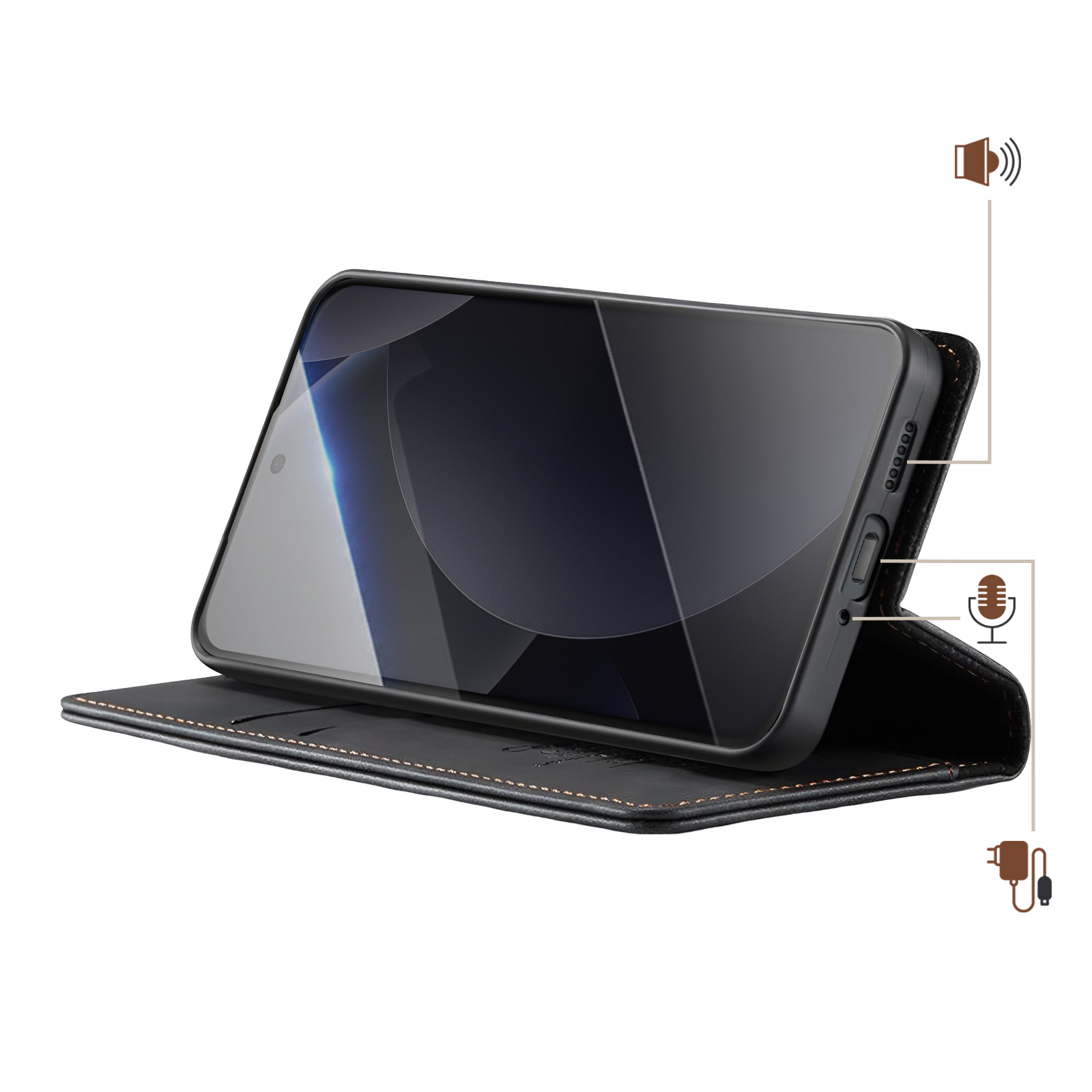 Un telefono nero in una custodia a flip, con icone per audio, microfono e caricabatterie.