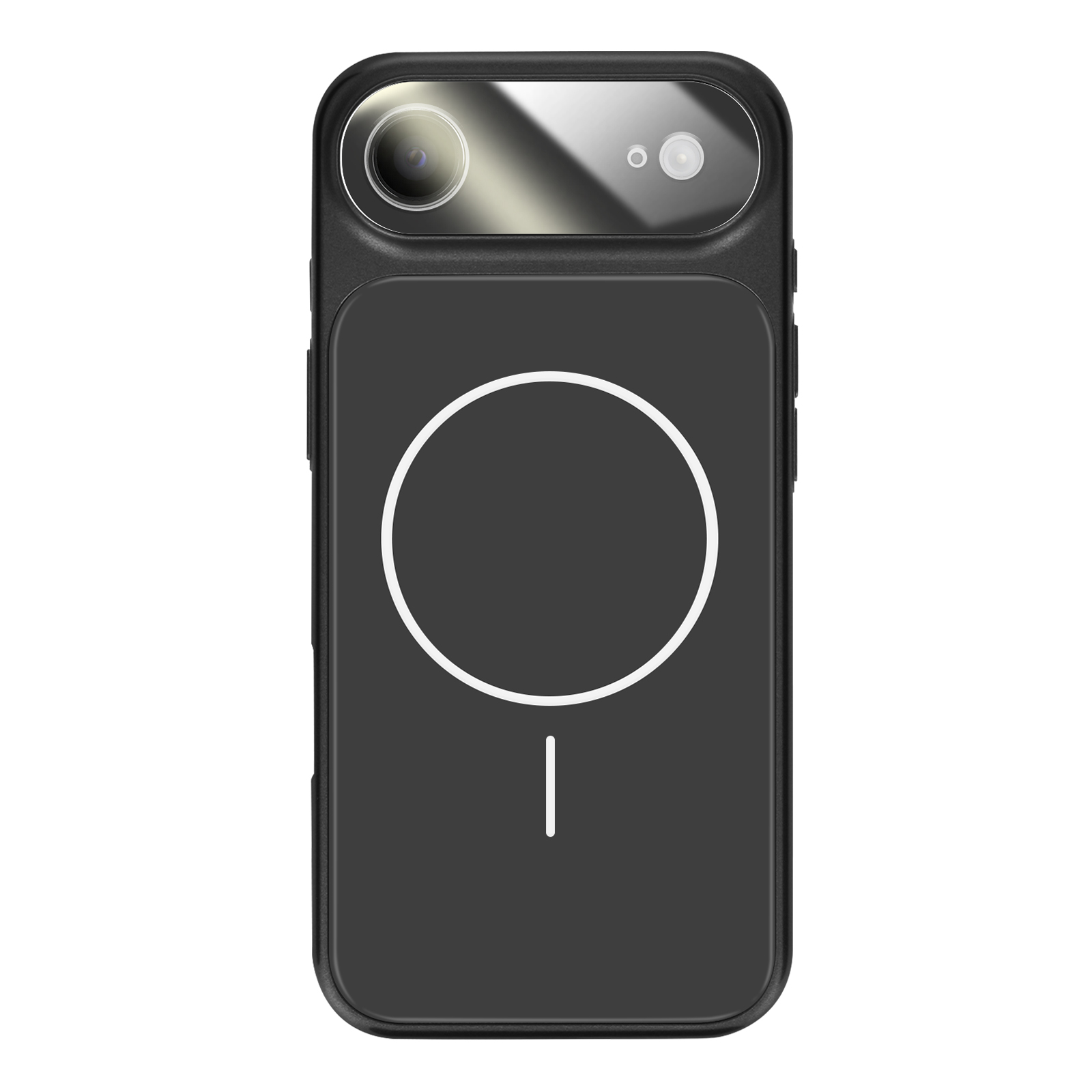 Zwarte telefoonhoes met witte cirkel en streep, cameralenzen bovenaan.