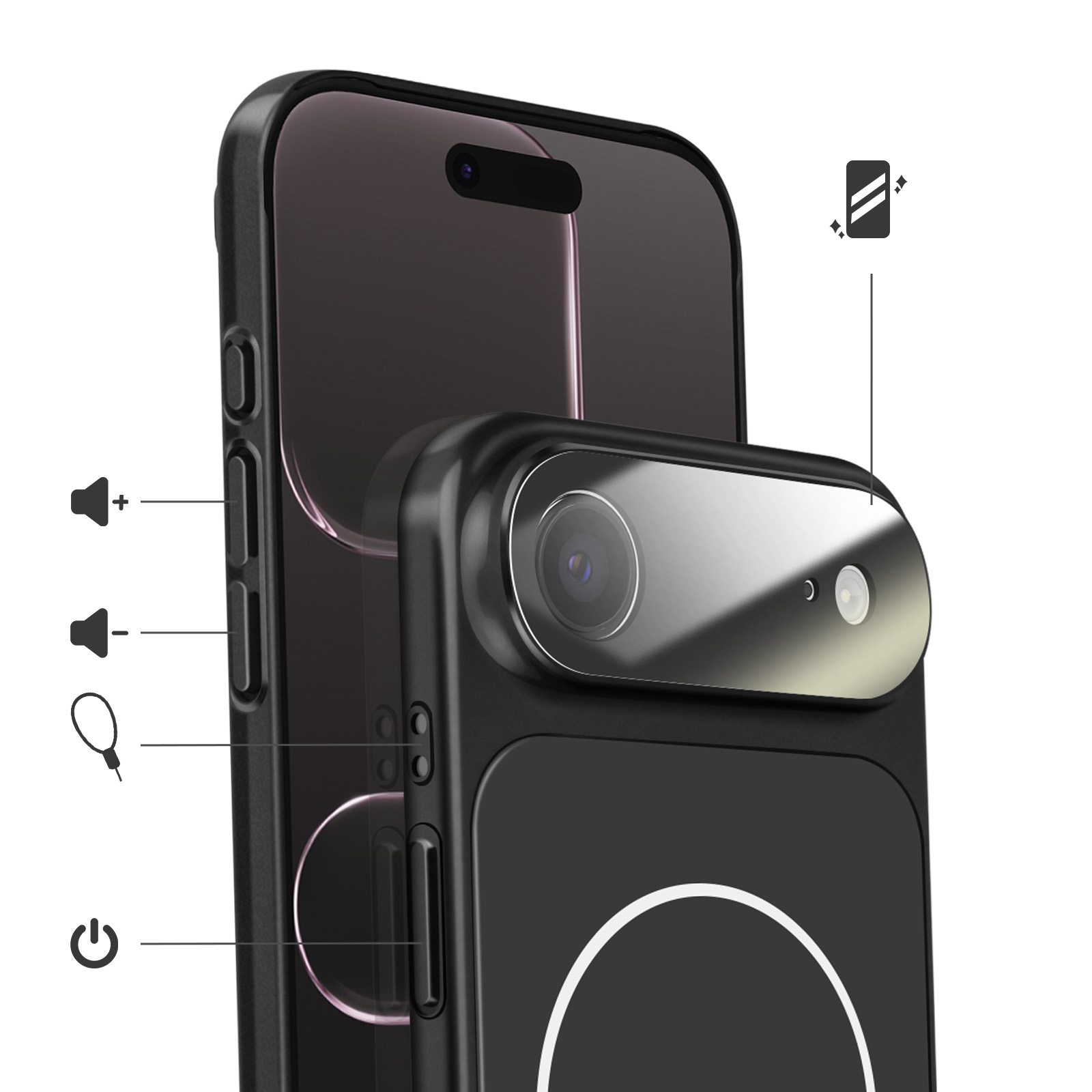 Close-up van een zwarte telefoonhoes met camerabeschrijving.