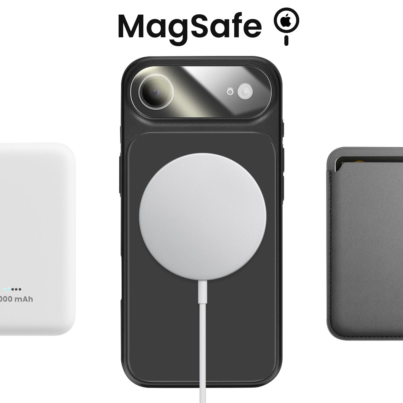 MagSafe accessoires: iPhone met laadcirkel, witte lader, grijze hoes.