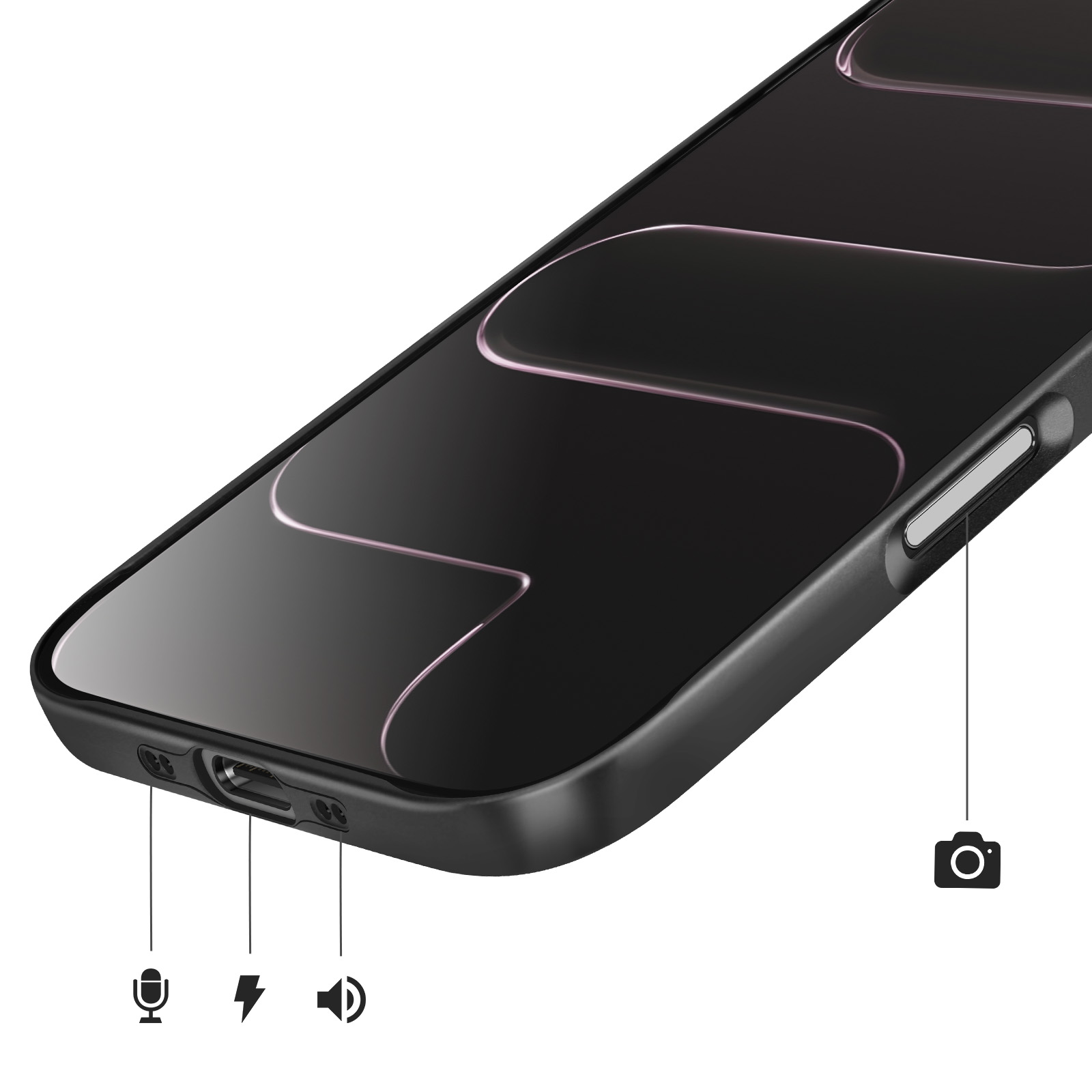 Een zwarte smartphone met oplaadpoort en pictogrammen voor microfoon, bliksem en luidspreker.