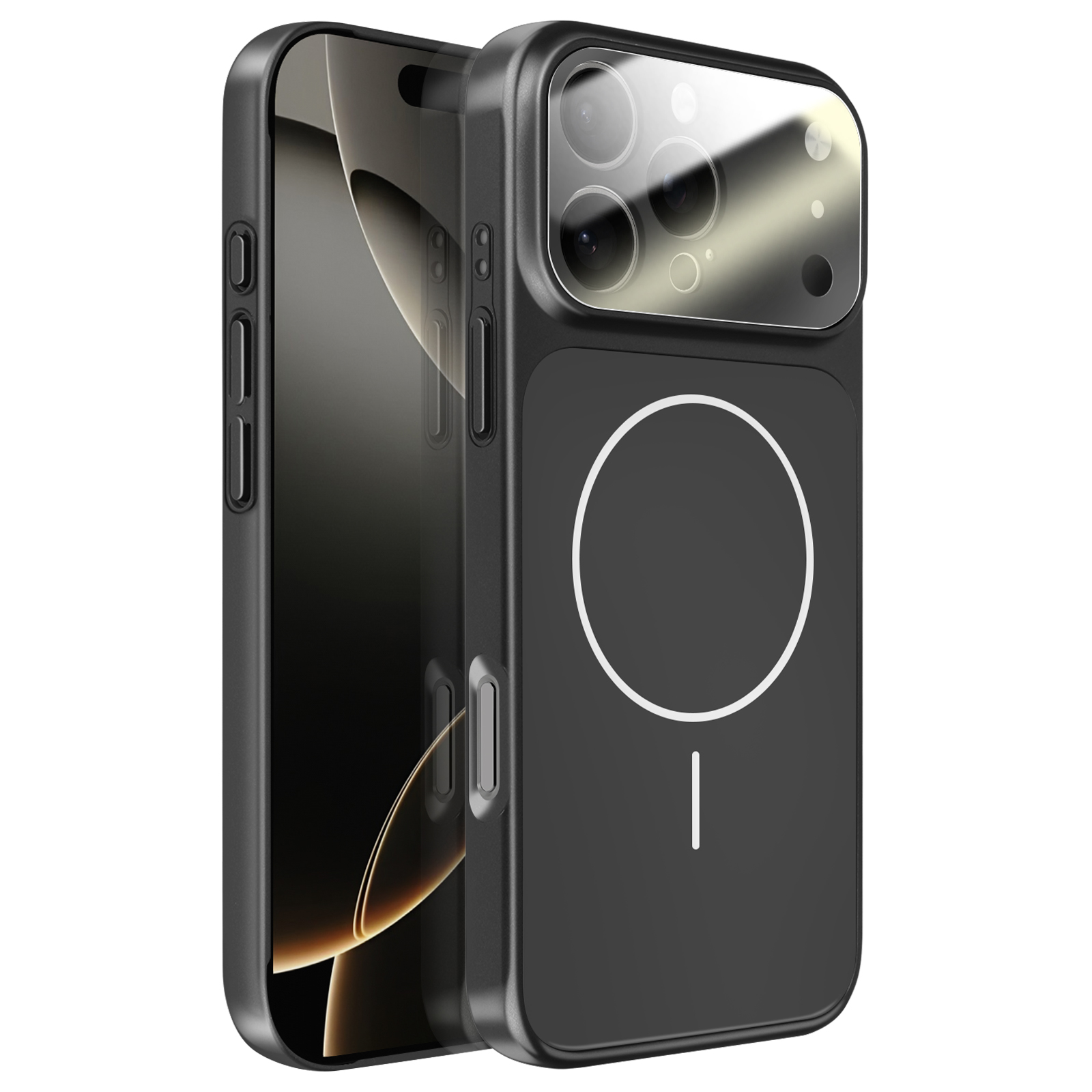 Zwarte telefoonhoes met MagSafe-cirkel en camera-uitsparing op witte achtergrond.