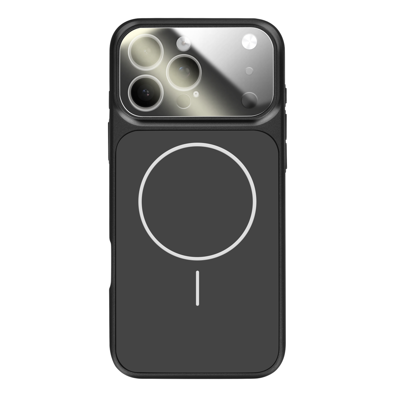Zwarte telefoonhoes met cameramodule en magnetische oplaadcirkel.