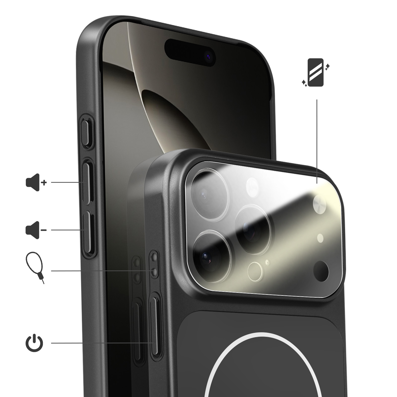 Zwarte telefoon met camera-array en bedieningselementen, witte iconen.