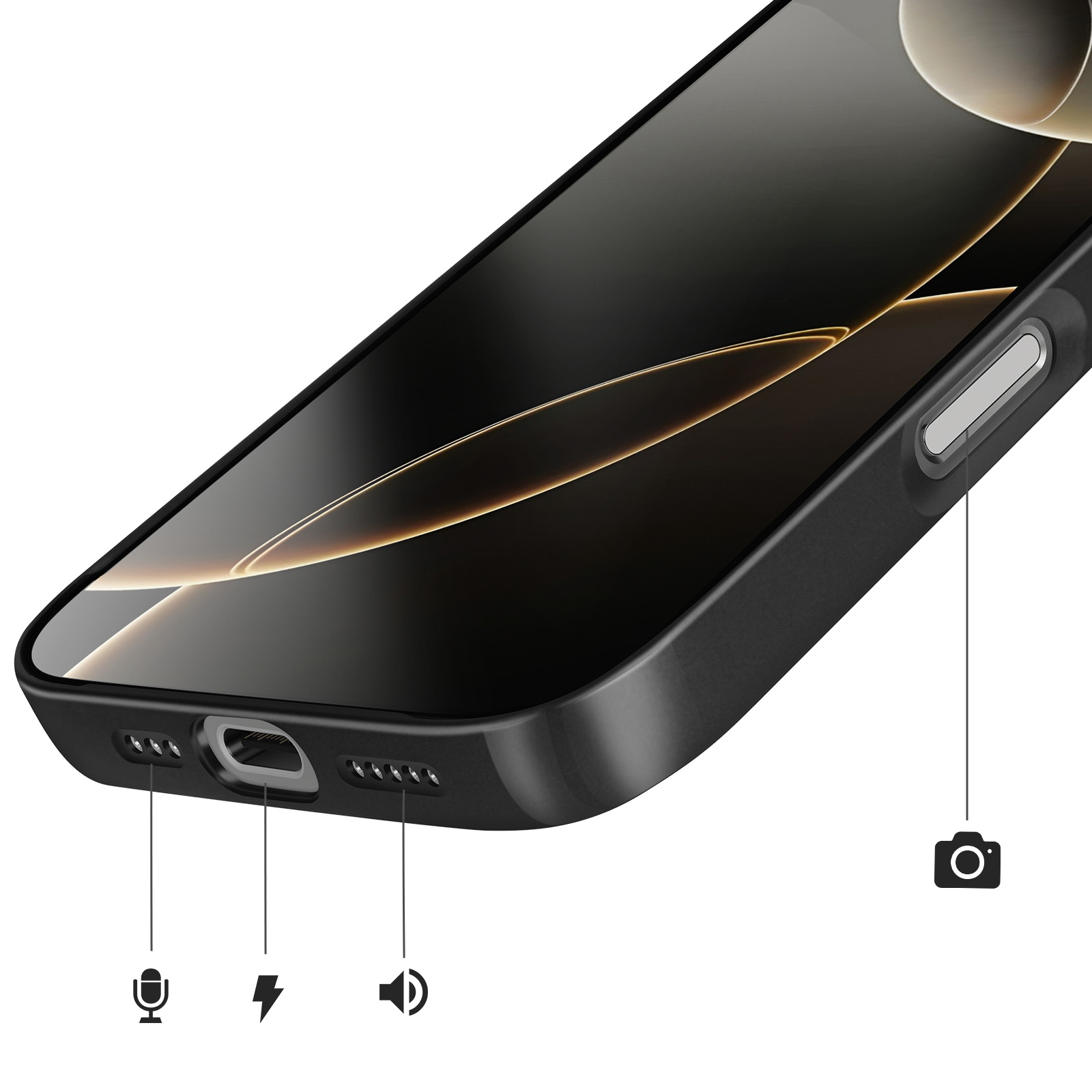 Zwarte smartphone met laadpoort, microfoon-, luidspreker- en camera-pictogrammen.