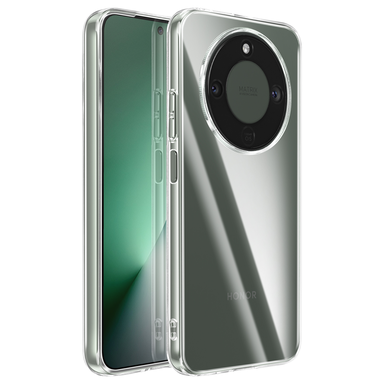 Una custodia trasparente per telefono con un modulo fotocamera rotondo sul retro.