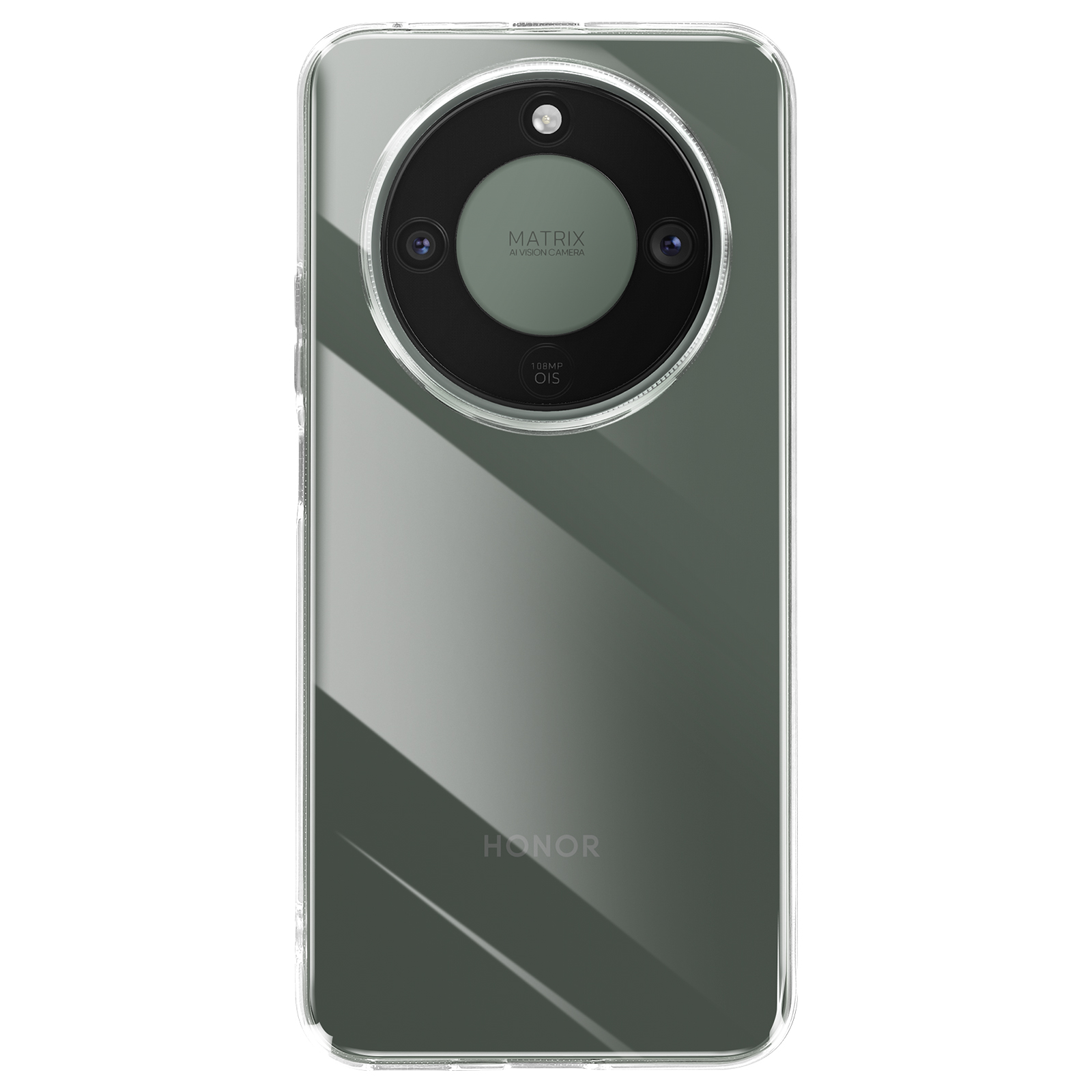 Una custodia trasparente per telefono che rivela un telefono con fotocamera rotonda e logo HONOR.