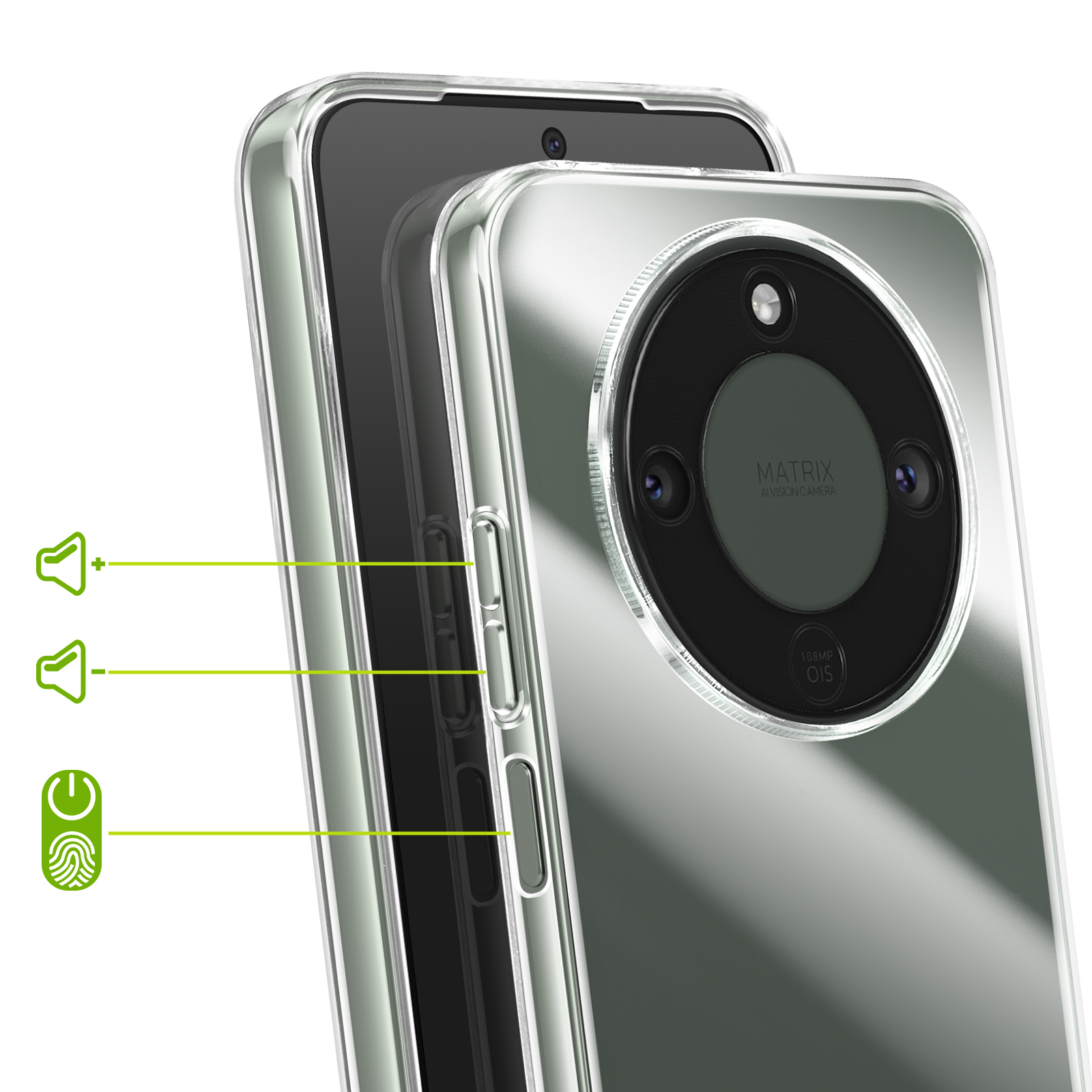 Una custodia trasparente per telefono evidenzia fotocamera e pulsanti.