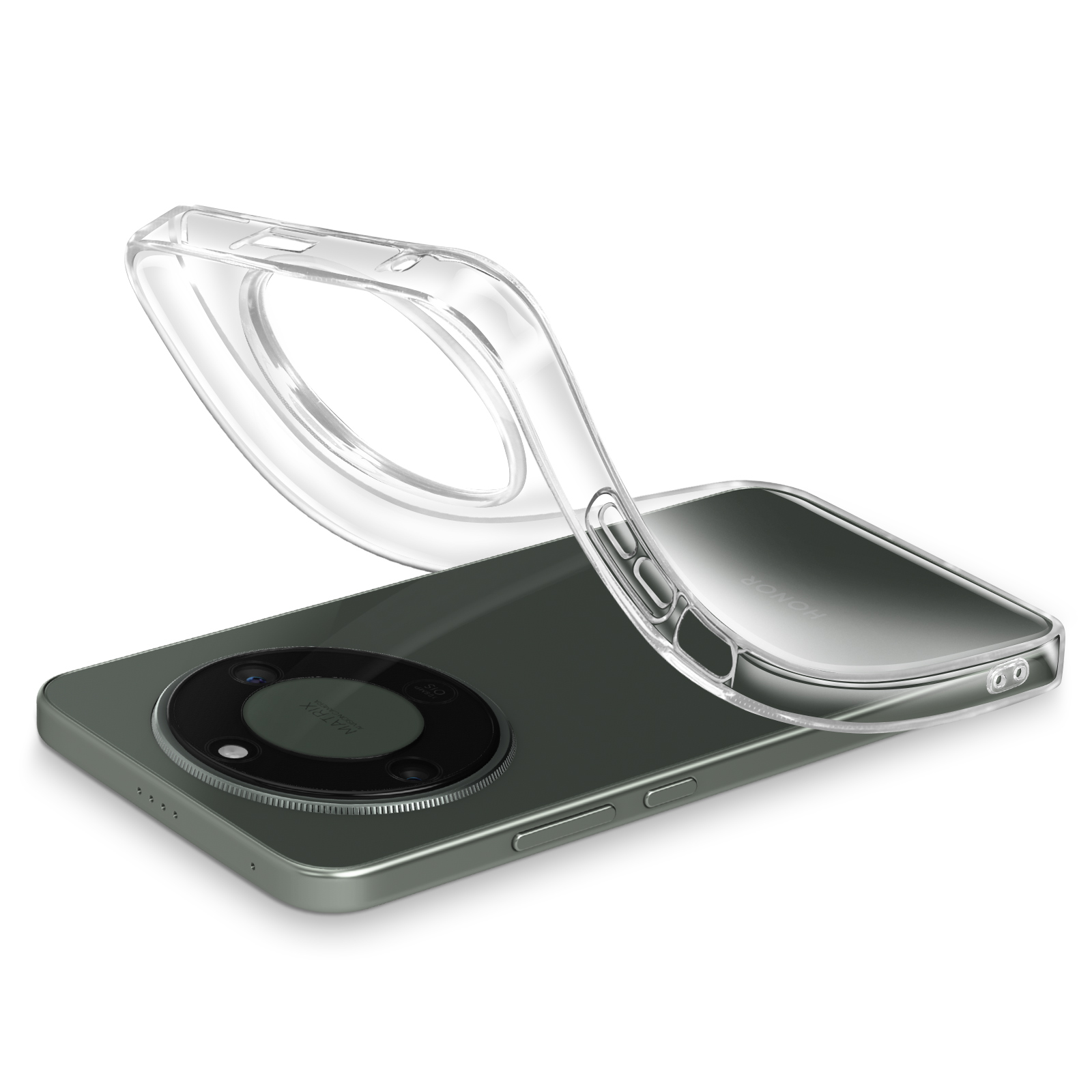 Custodia trasparente su smartphone scuro con modulo fotocamera rotondo.