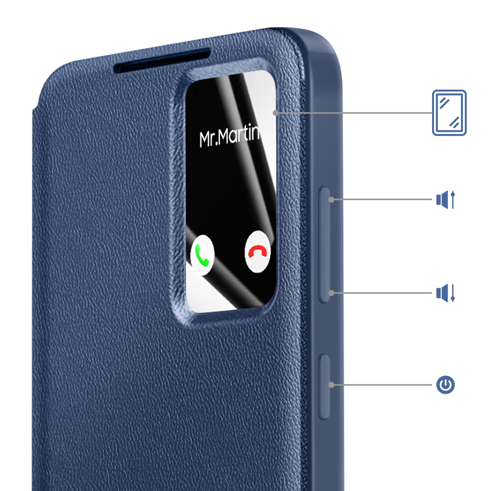 Custodia blu per telefono con finestra che mostra la chiamata di Mr. Martin, con icone volume e accensione.