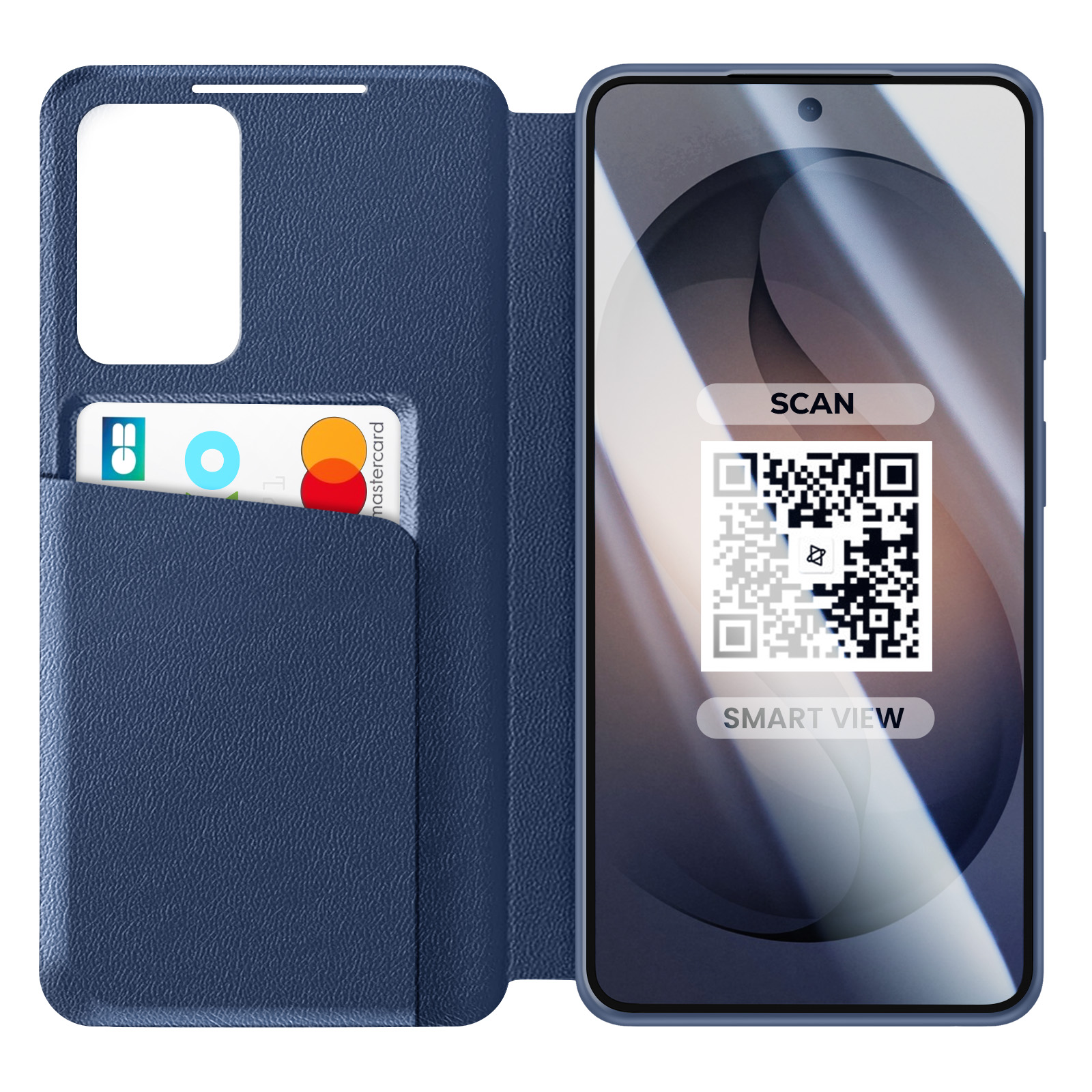 Una custodia blu per telefono con porta carte, una carta e un codice QR sullo schermo.