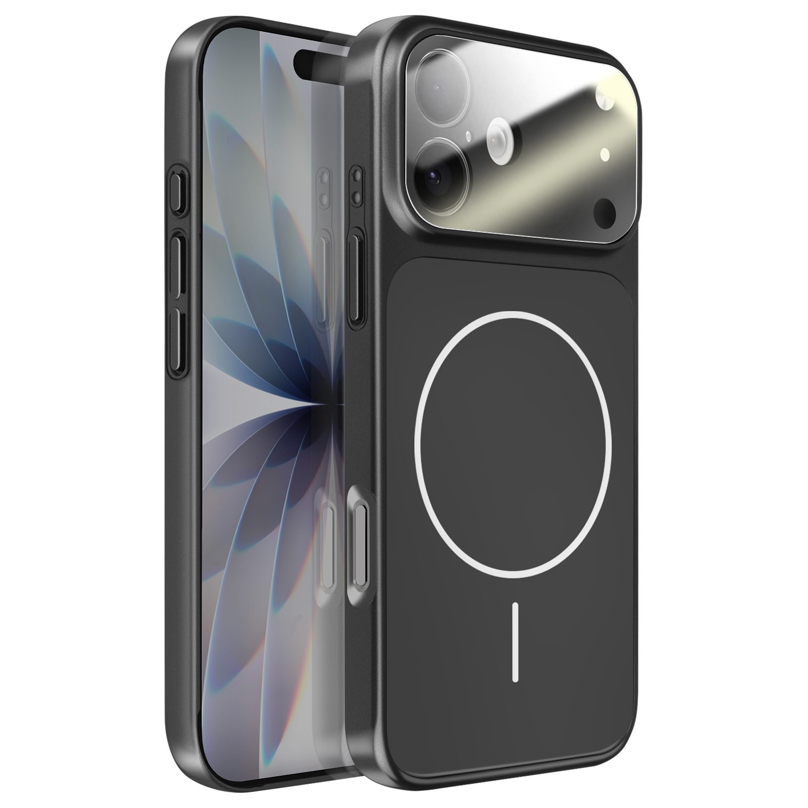 Zwarte telefoonhoes met MagSafe cirkel en camera-uitsparing op witte achtergrond.