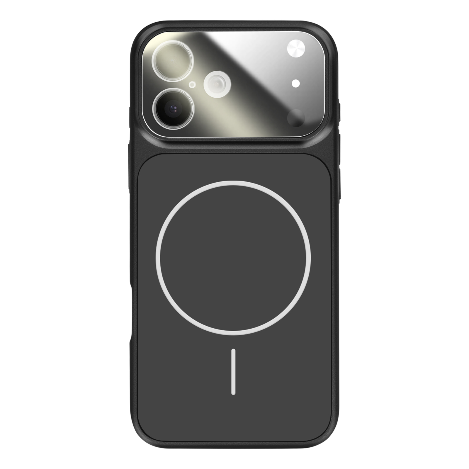 Zwarte telefoonhoes met cameramodule en magneetring.