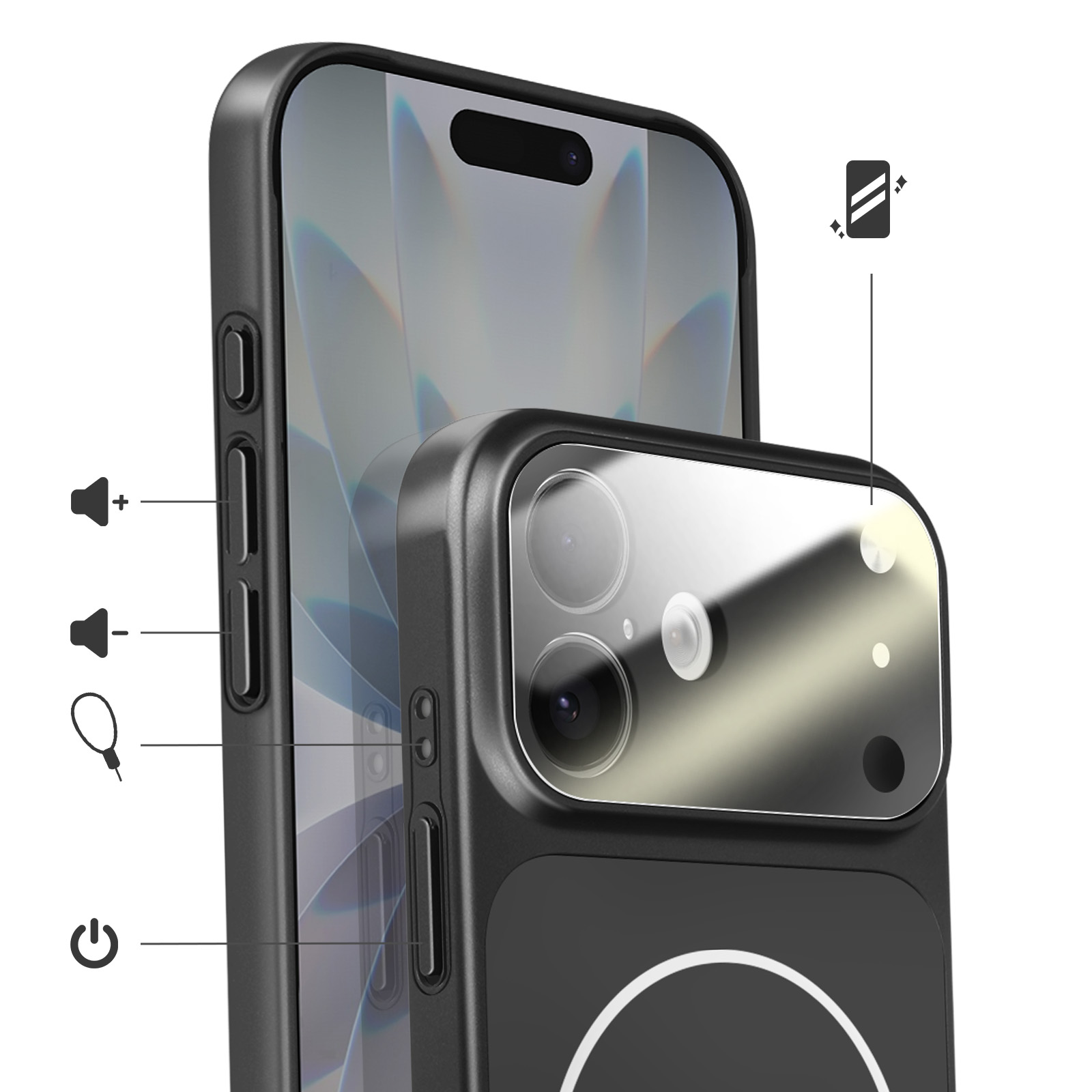 Zwarte telefoonhoes met camera en zijknop-iconen.