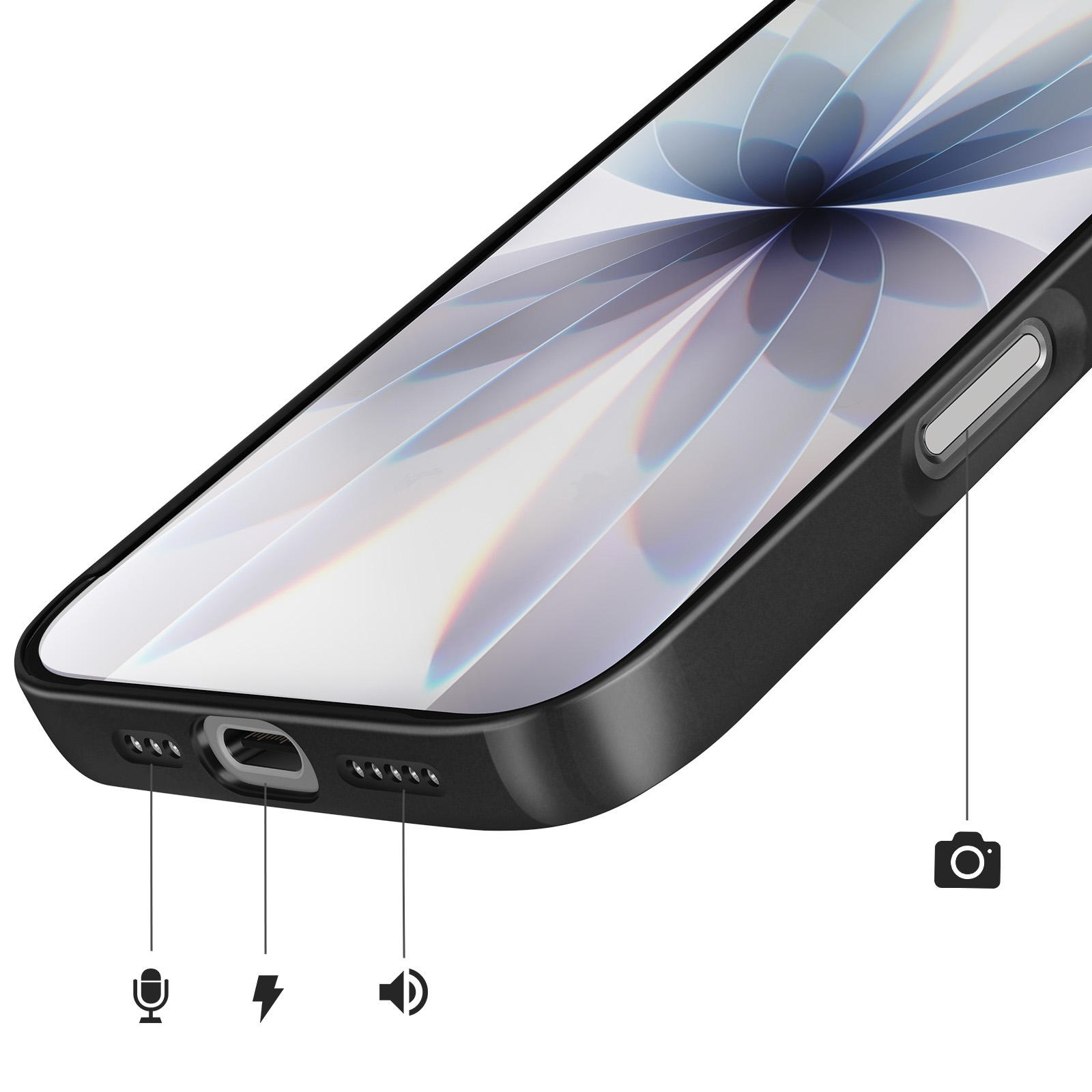 Zwarte smartphone met microfoon-, laad- en luidsprekerpictogrammen onderaan.