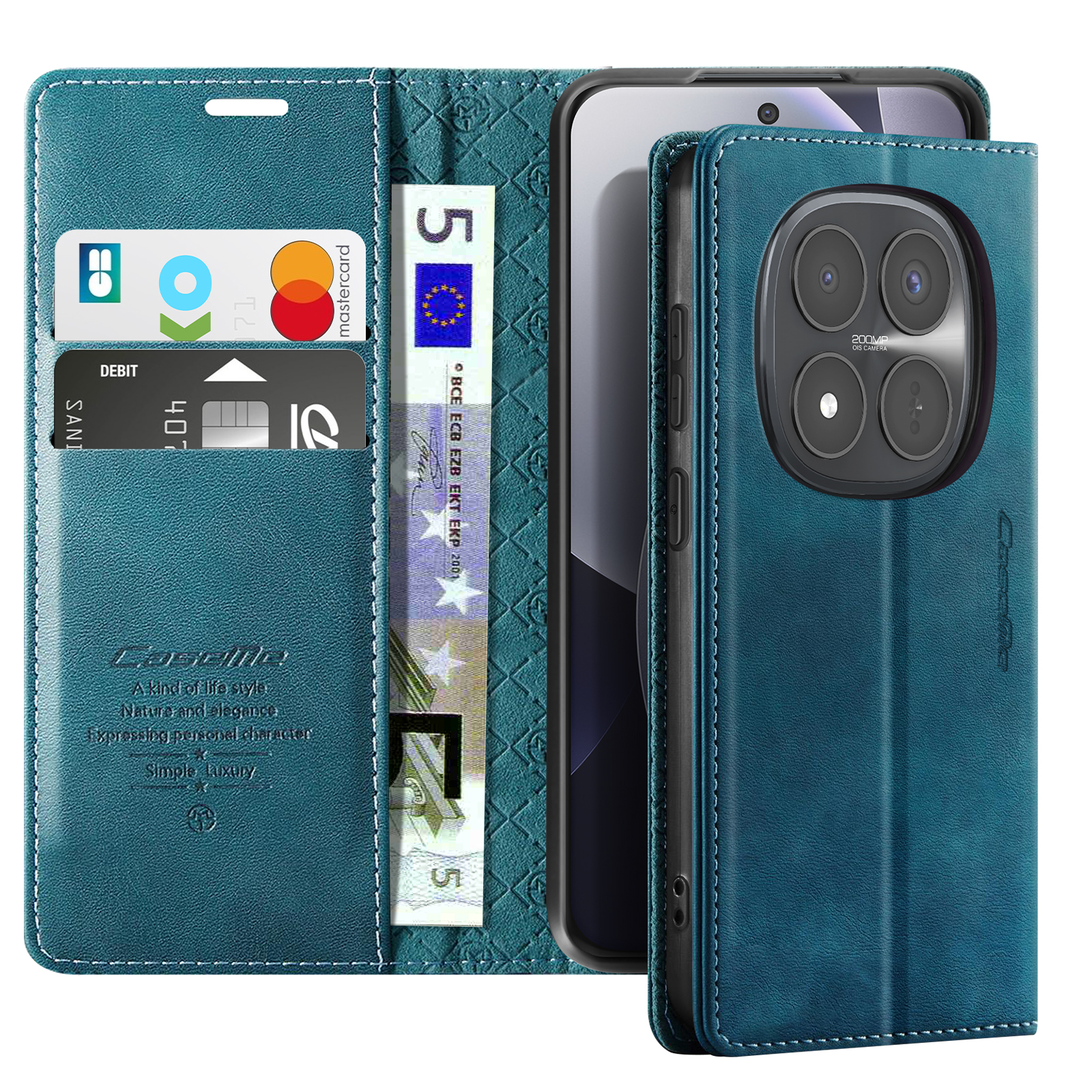 Ein blaues Handycover mit Kartenfächern, einer 5-Euro-Note und einer Handykamera.