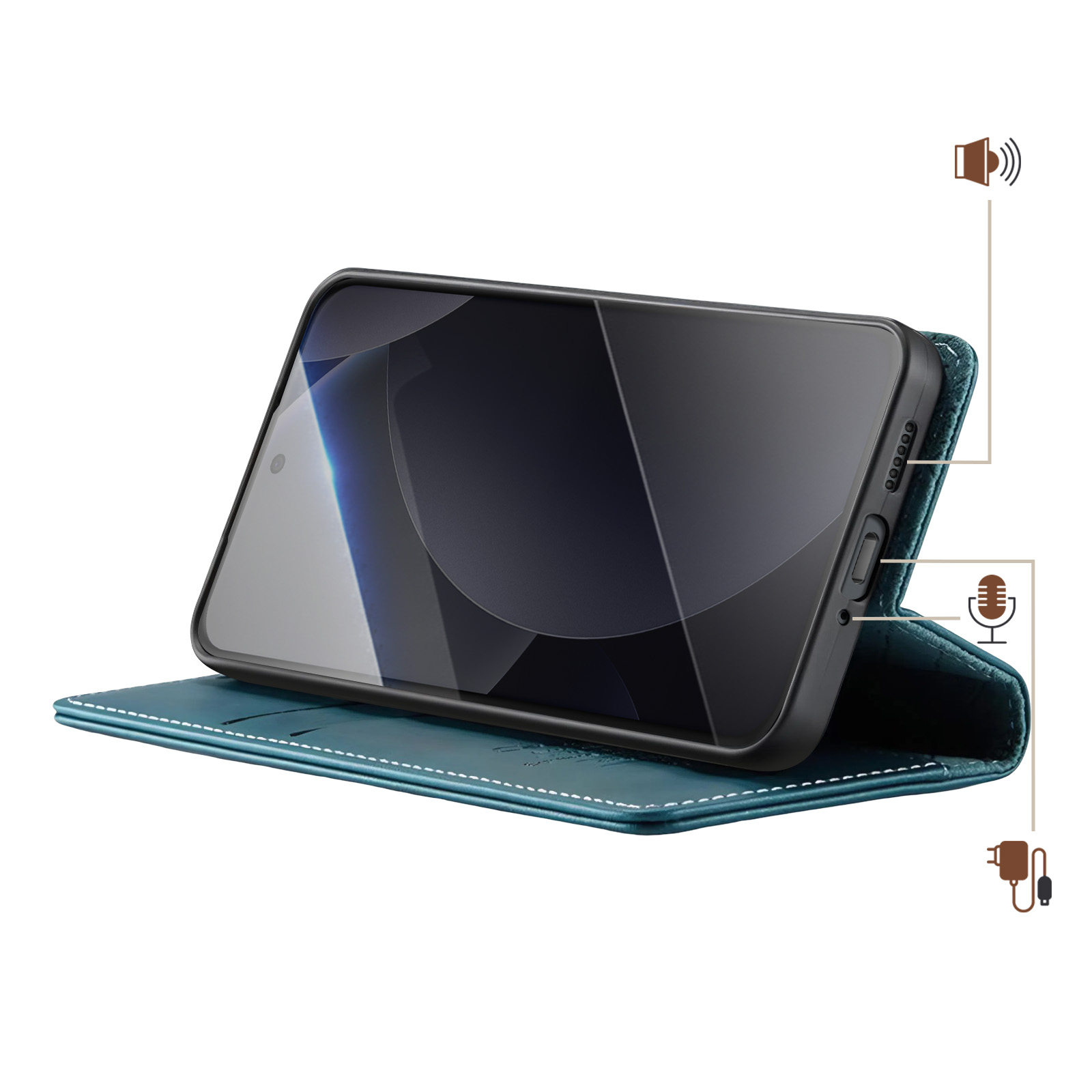Ein tealfarbenes Handycover mit aufgeschlagenem Deckel und einem Smartphone.