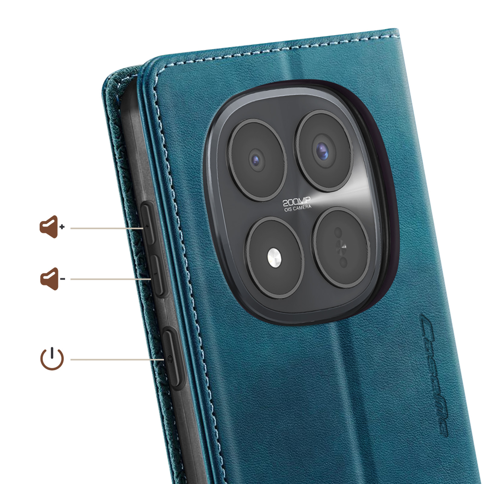 Blaue Handyhülle mit 200MP Kamera und Lautstärketasten.