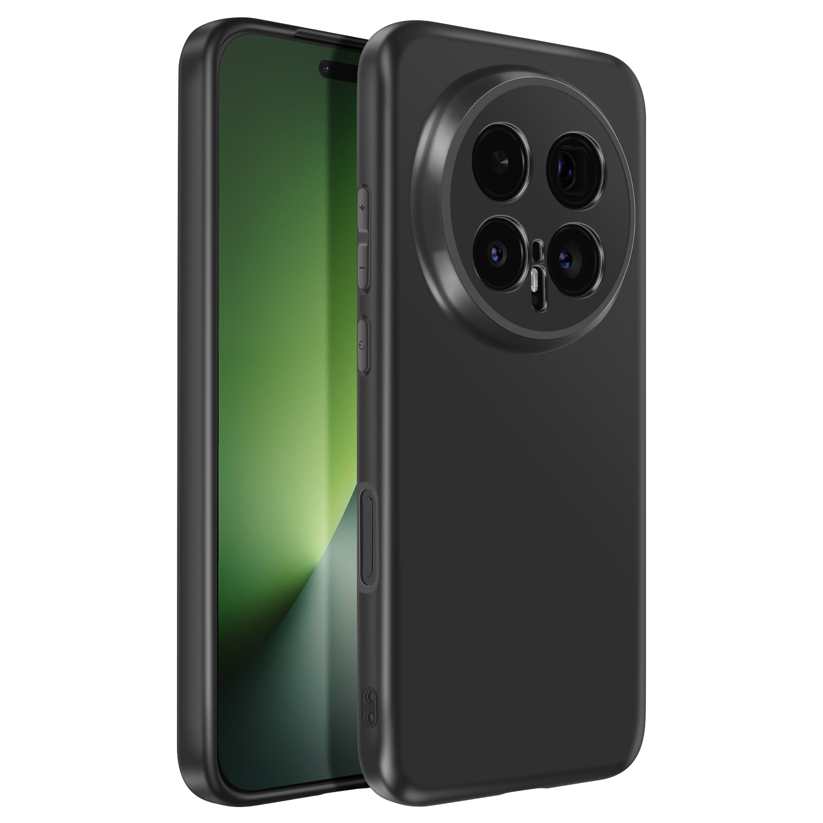 Uno smartphone nero con quattro fotocamere posteriori, mostrato su sfondo bianco.