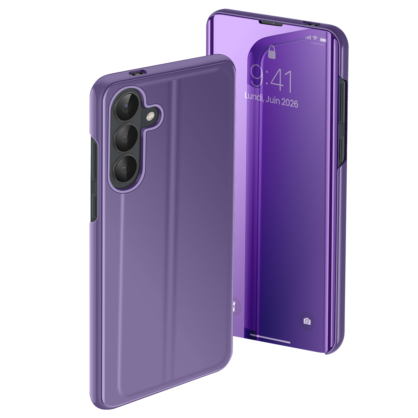 Een paarse smartphone met cameralens achter en een spiegelende flipcover.