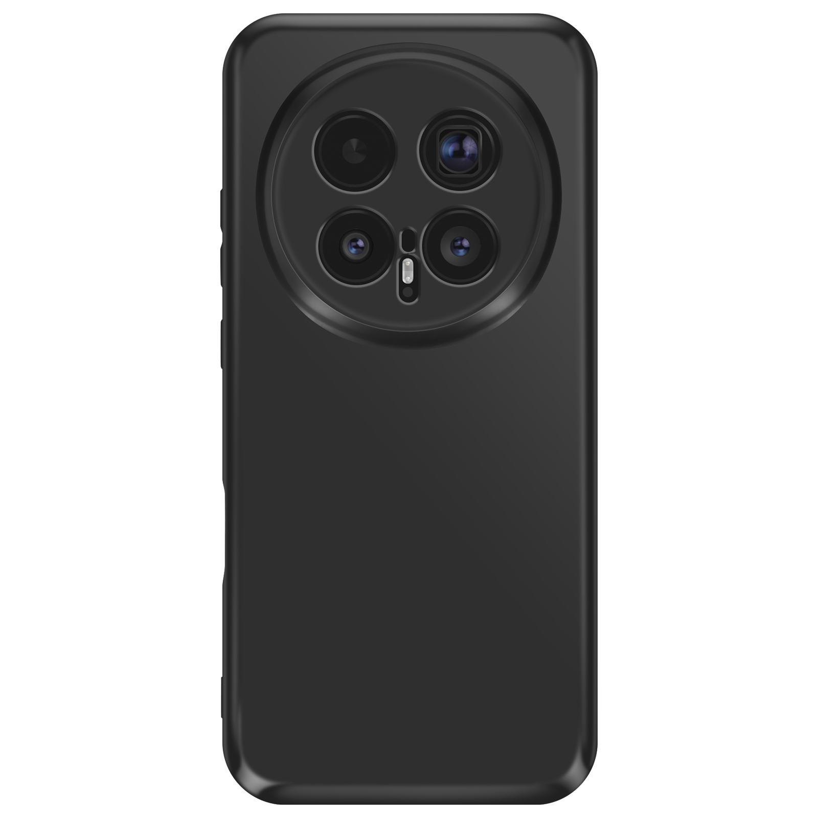Smartphone nero con modulo fotocamera circolare a quattro lenti.