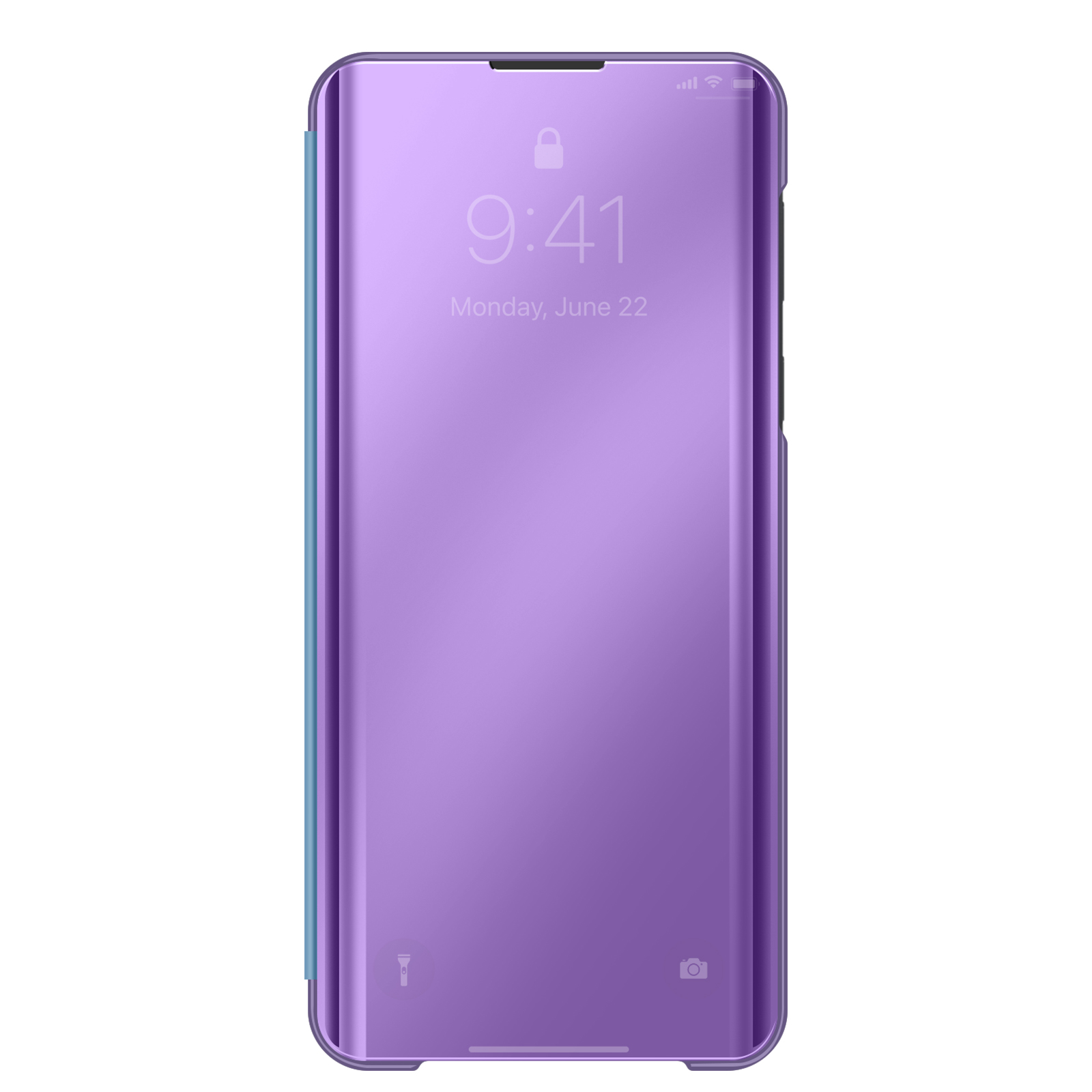 Paarse telefoonhoes met spiegel flip cover, tijd 9:41.