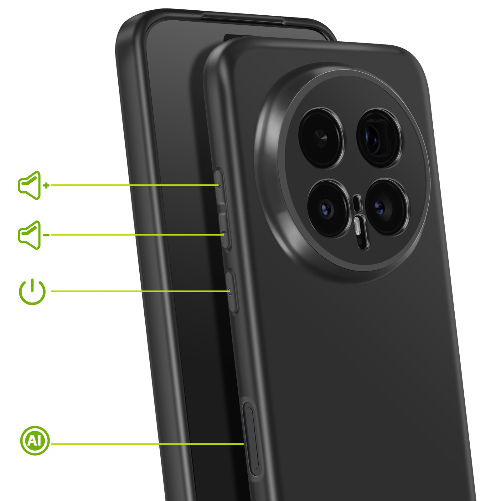 Smartphone nero con fotocamera quadrupla e pulsanti laterali.