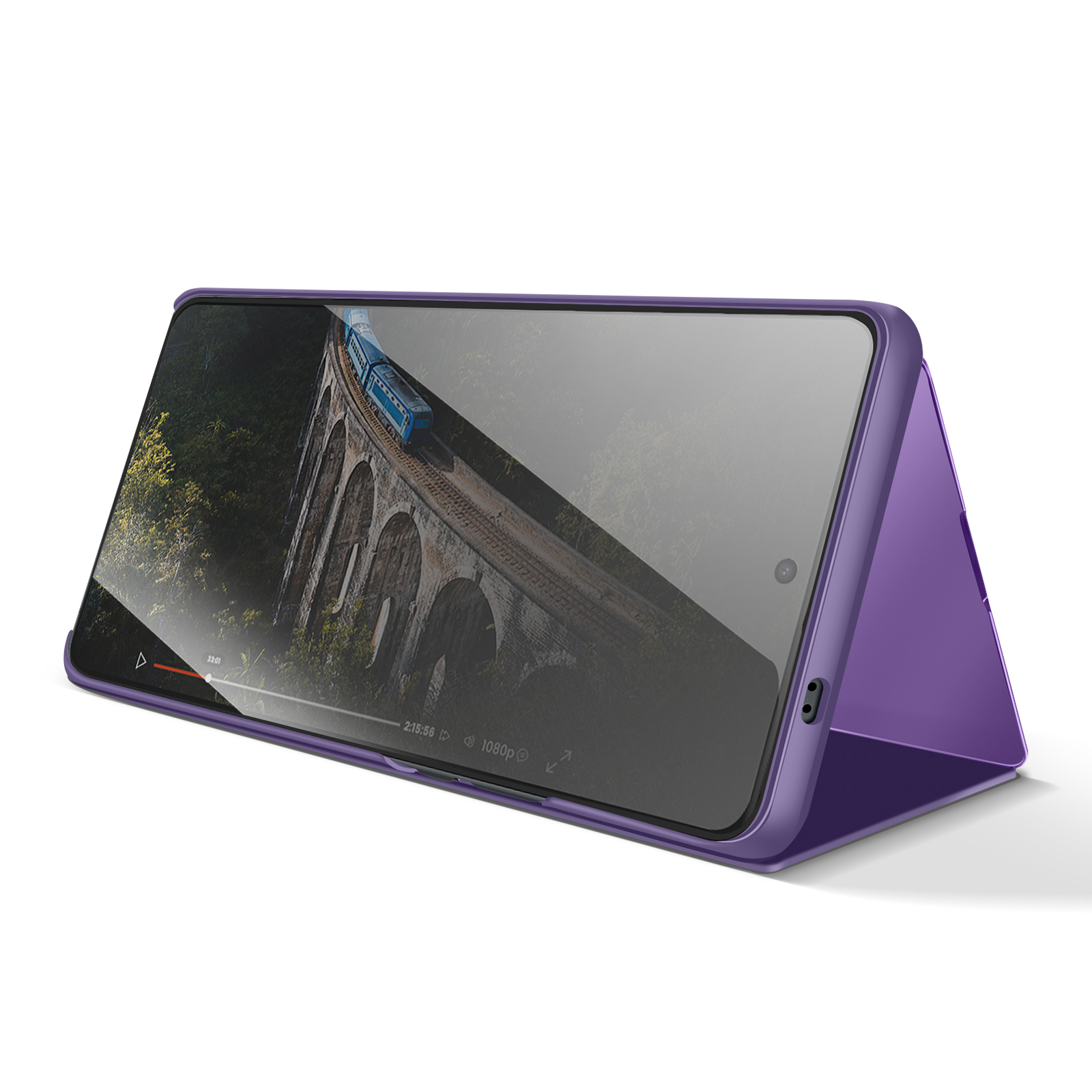 Een paarse telefoonhoes met een trein op een brug op het scherm.