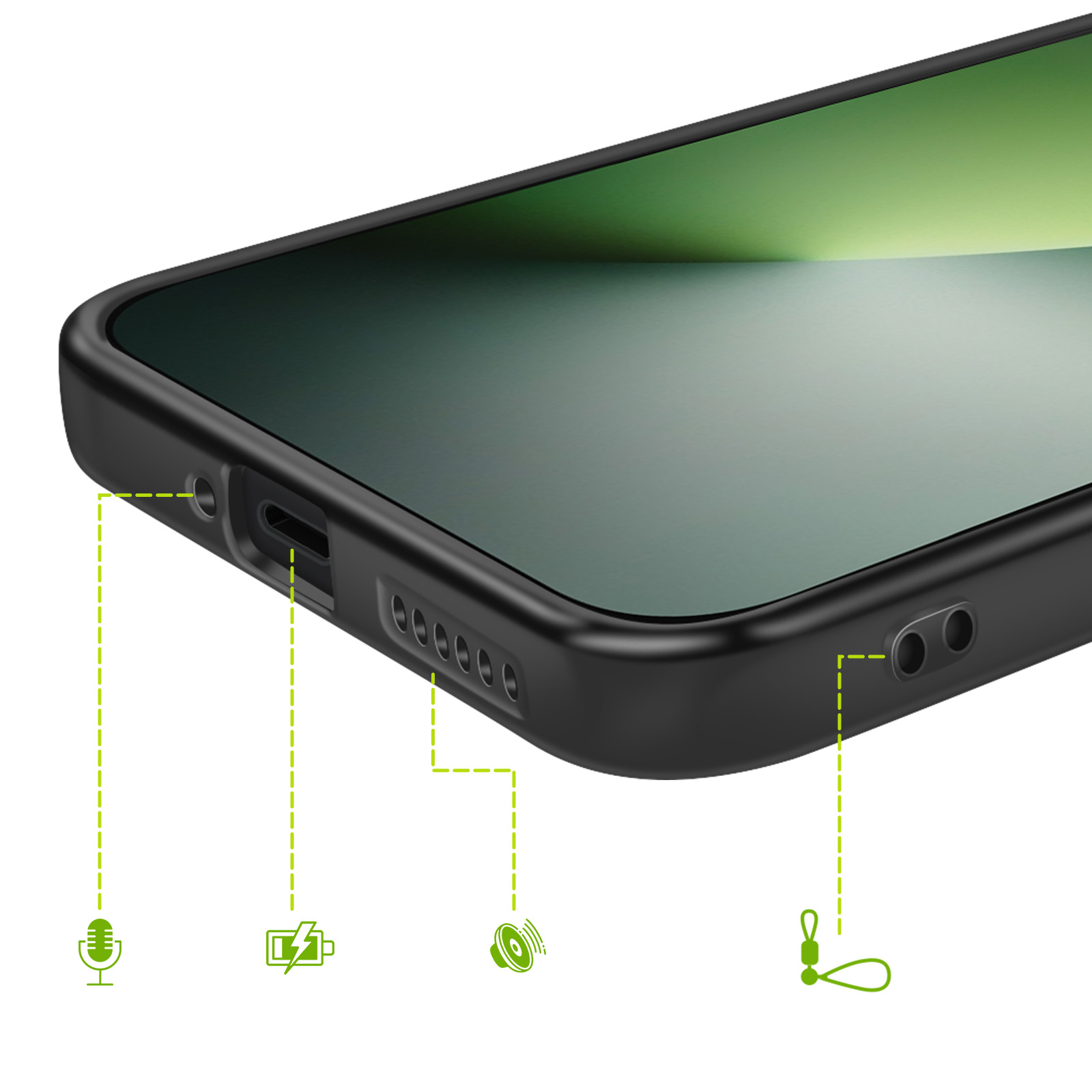 Custodia nera per smartphone che mostra porte e icone per microfono, batteria e altoparlante.