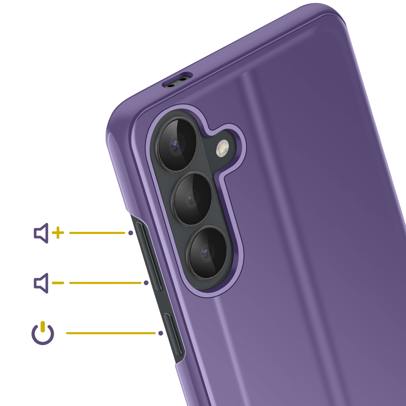 Paarse telefoonhoes met drie cameralenzen en volume-/aan/uitknoppen.