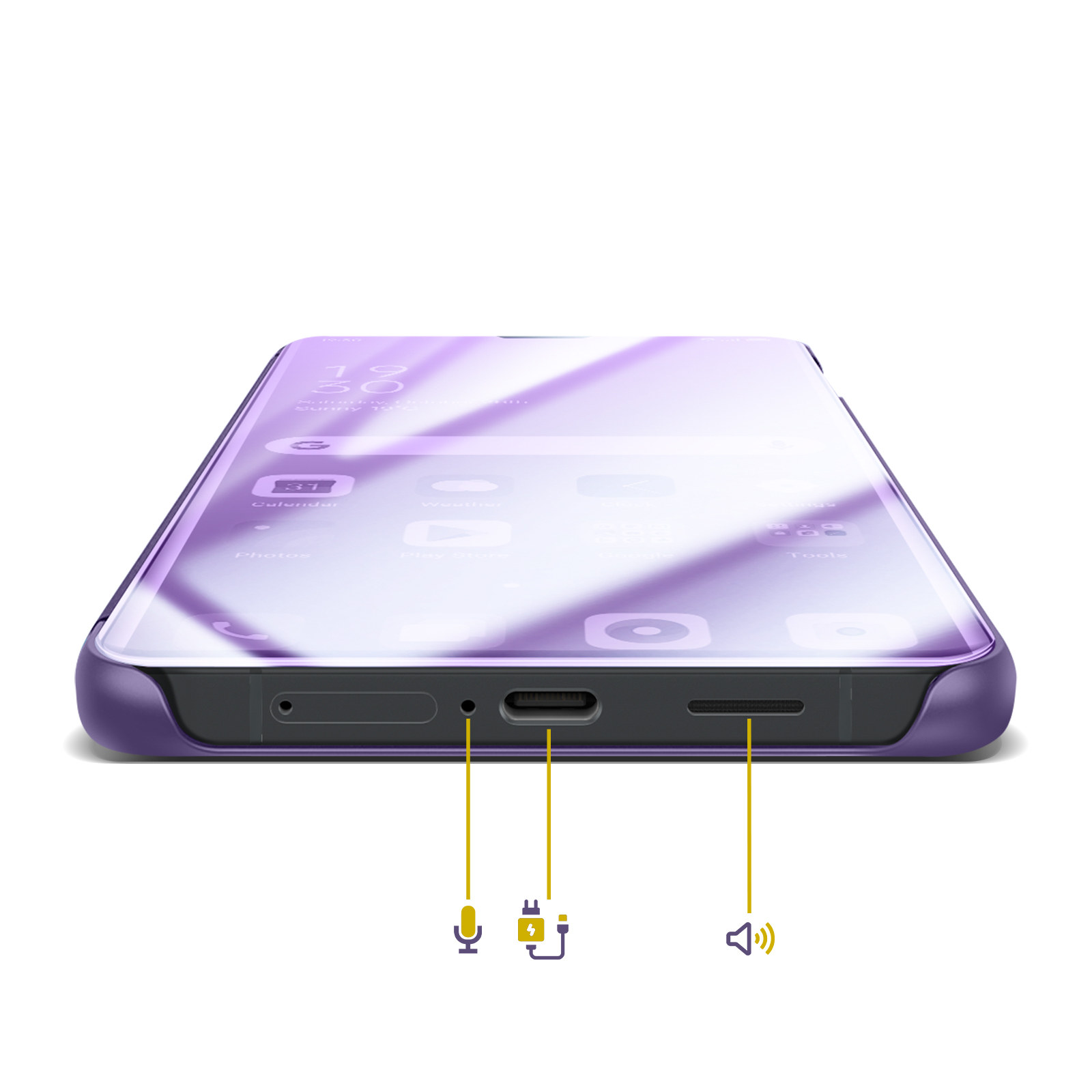 Paarse smartphone met USB-C, microfoon en luidspreker aan de onderkant.