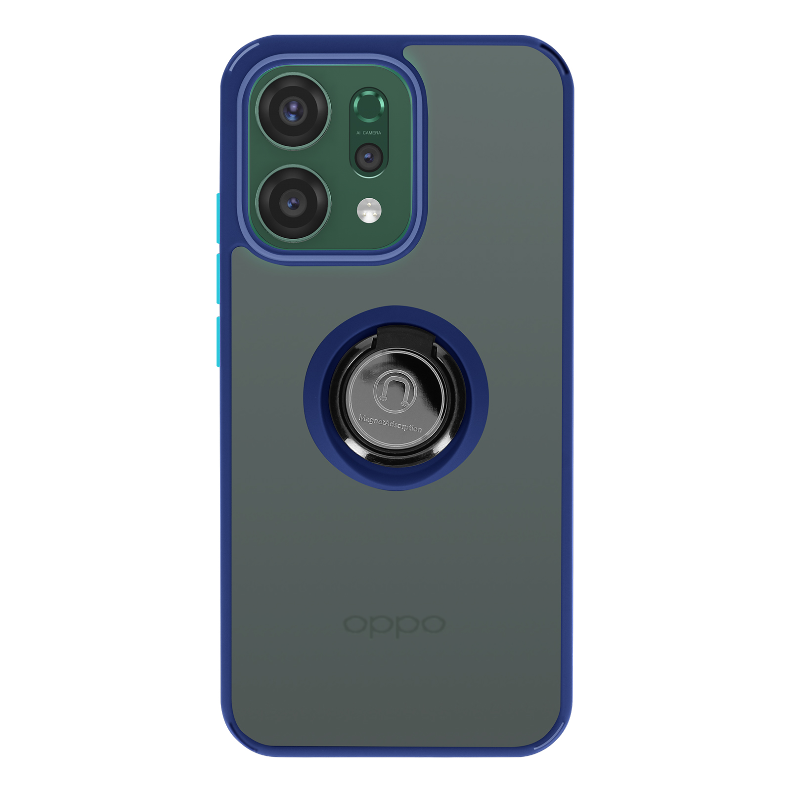 Retro di un telefono scuro con custodia blu, tre fotocamere e un anello porta.