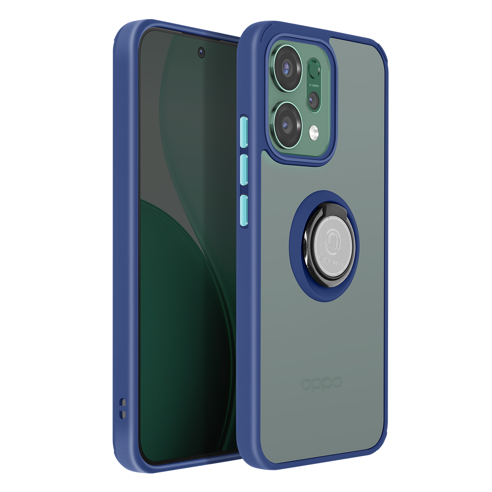 Uno smartphone con bordo blu, retro trasparente e modulo fotocamera.