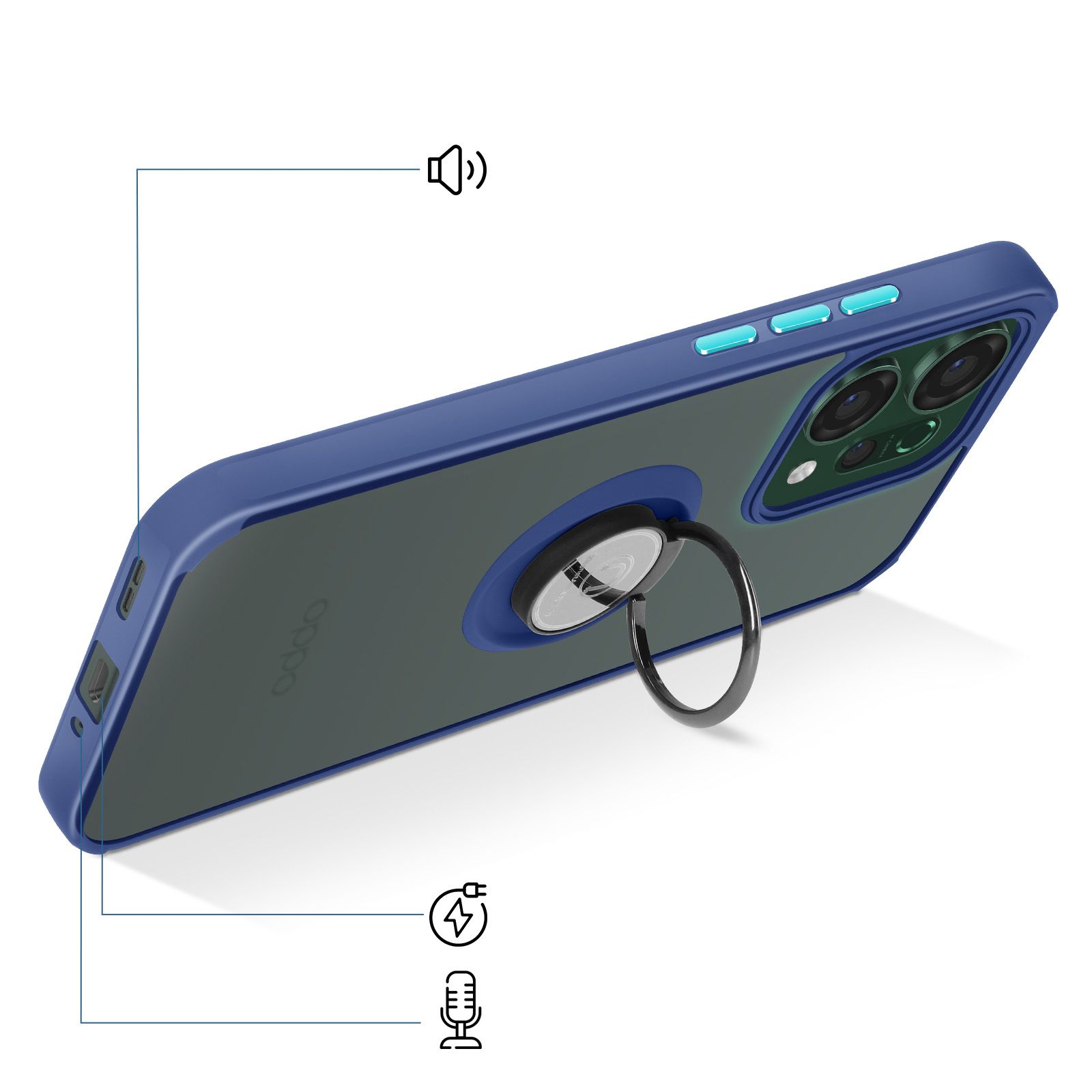 Custodia blu per telefono con anello porta e fotocamere. Icone altoparlante, microfono, ricarica.