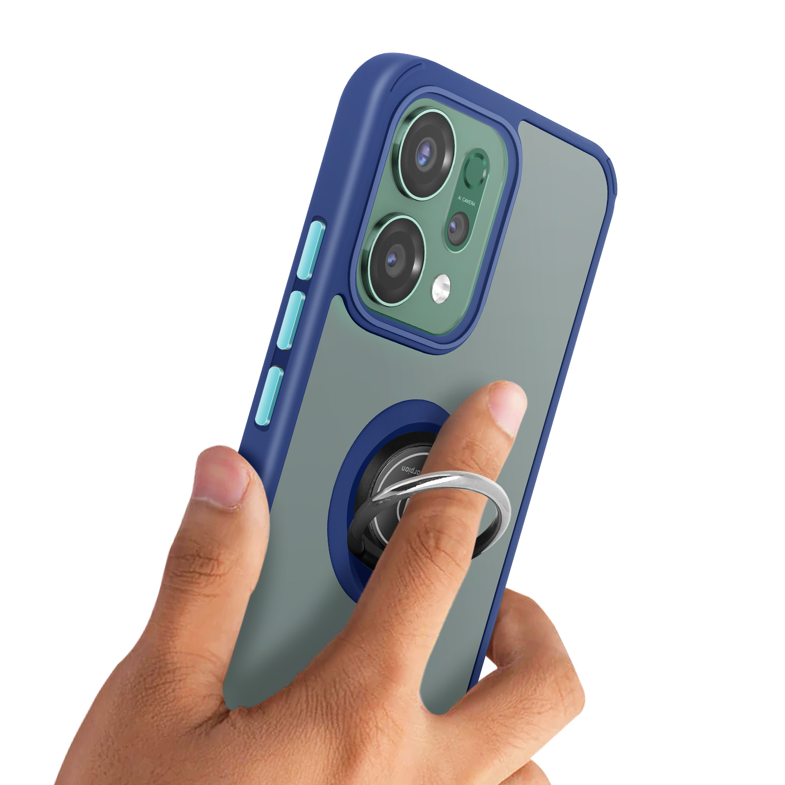 Una mano tiene uno smartphone con custodia blu e anello porta.