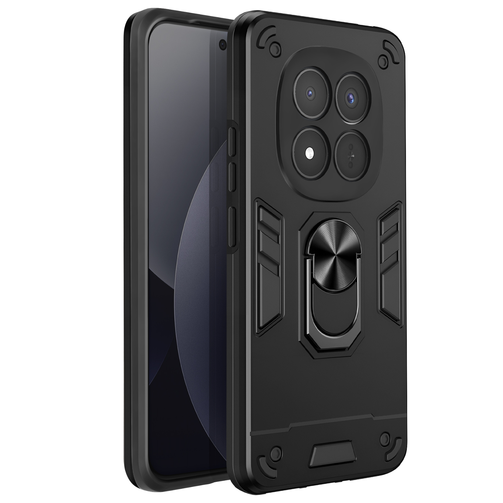 Smartphone nero in custodia robusta con quattro fotocamere e anello porta.