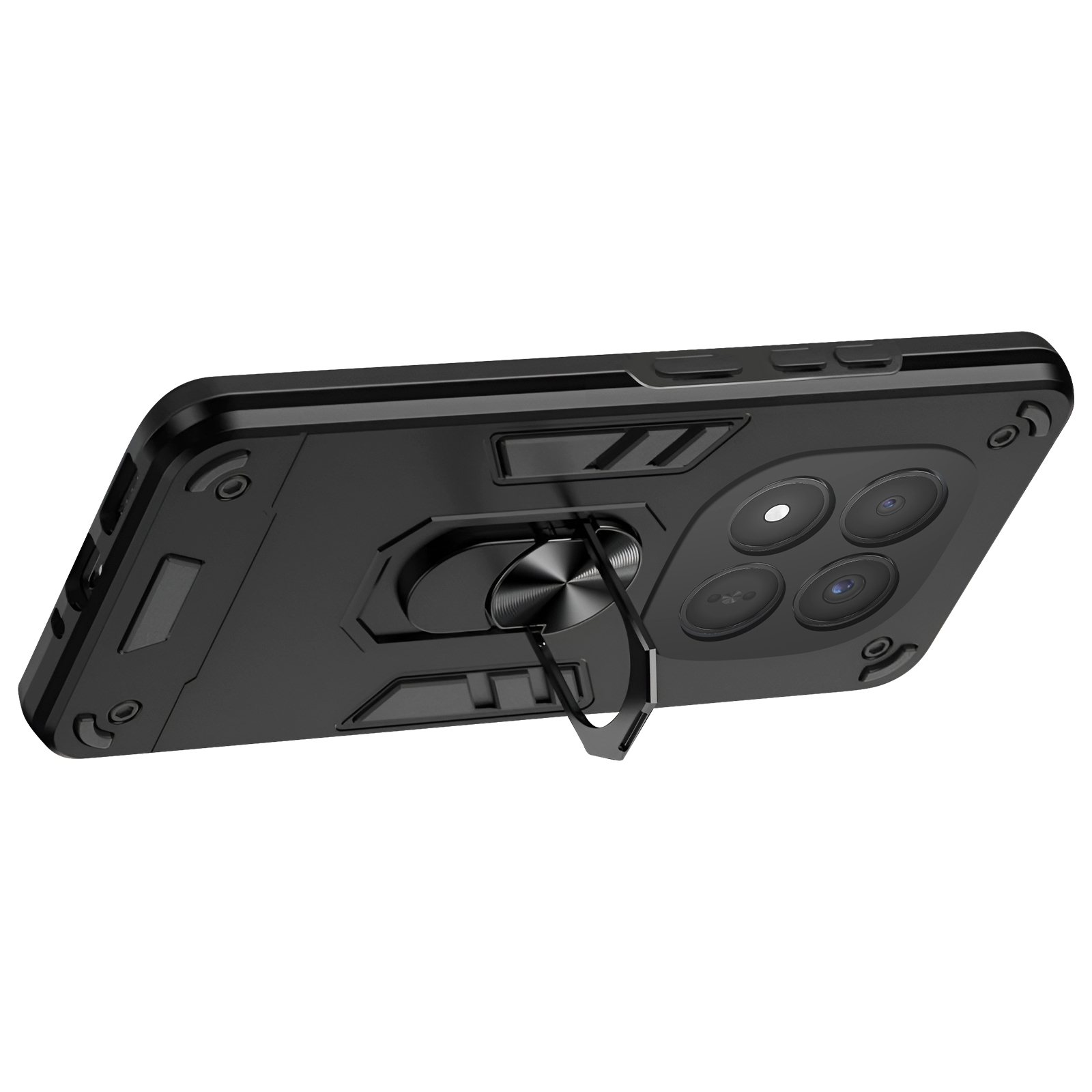 Custodia nera per telefono con anello integrato e modulo fotocamera.