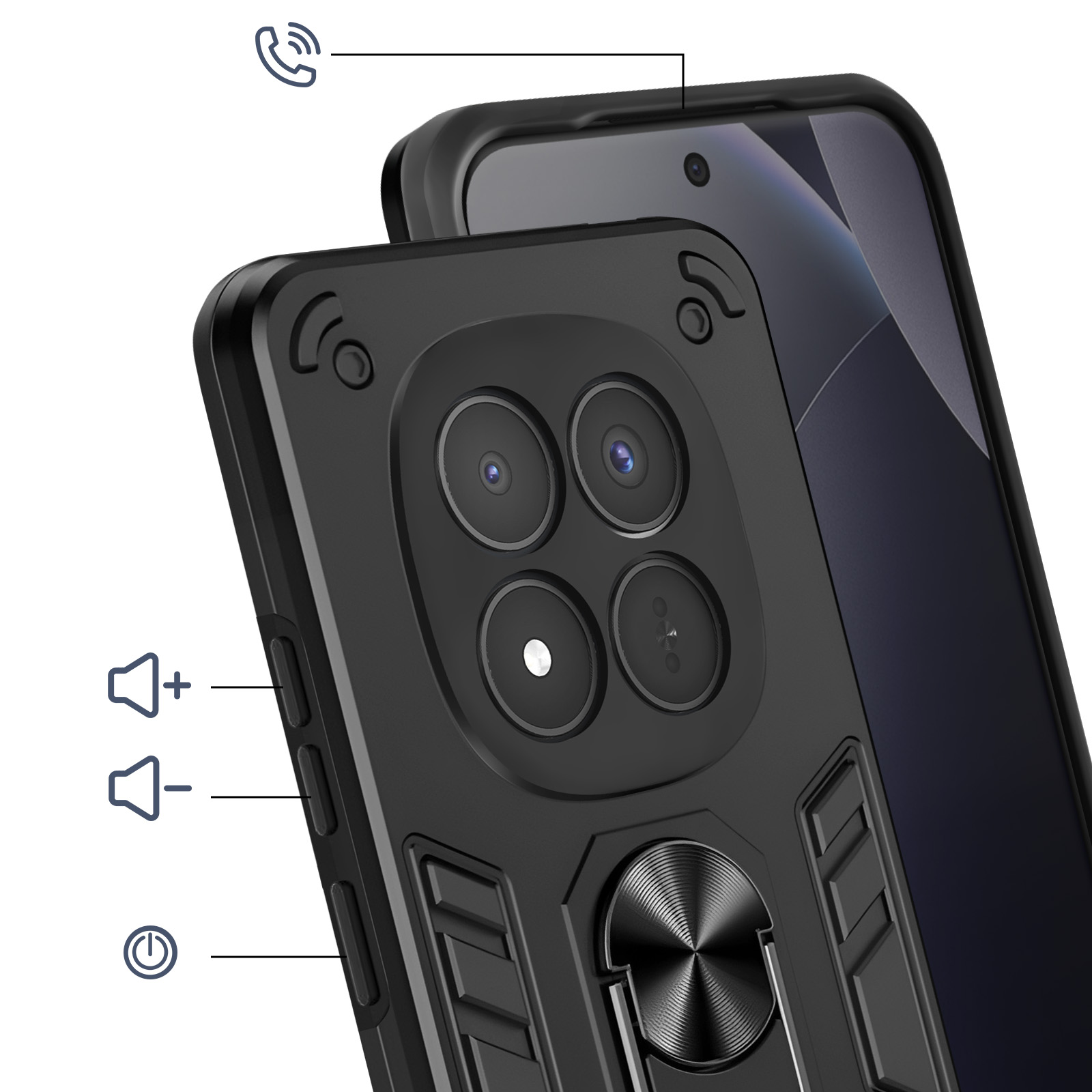 Telefono nero con quattro fotocamere, anello di supporto e icone per chiamata, volume e accensione.