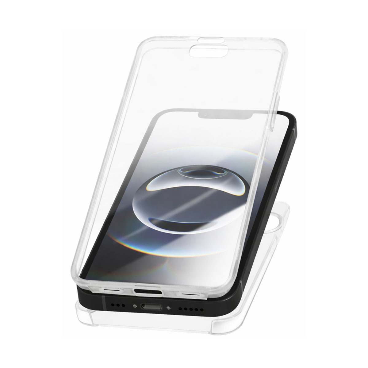 Une coque transparente entoure un smartphone noir sur fond blanc.