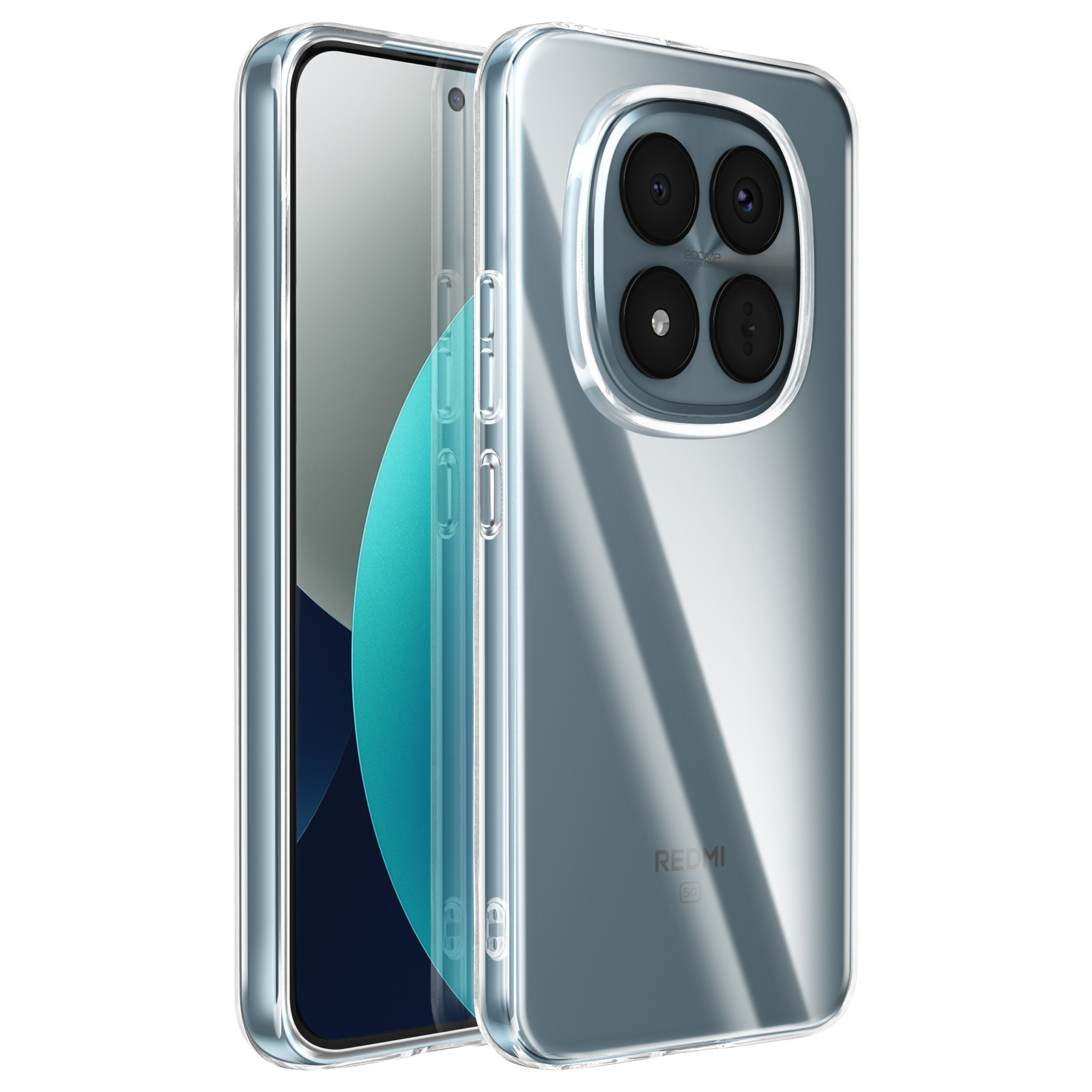 Una cover trasparente per telefono con modulo a quattro fotocamere sul retro.
