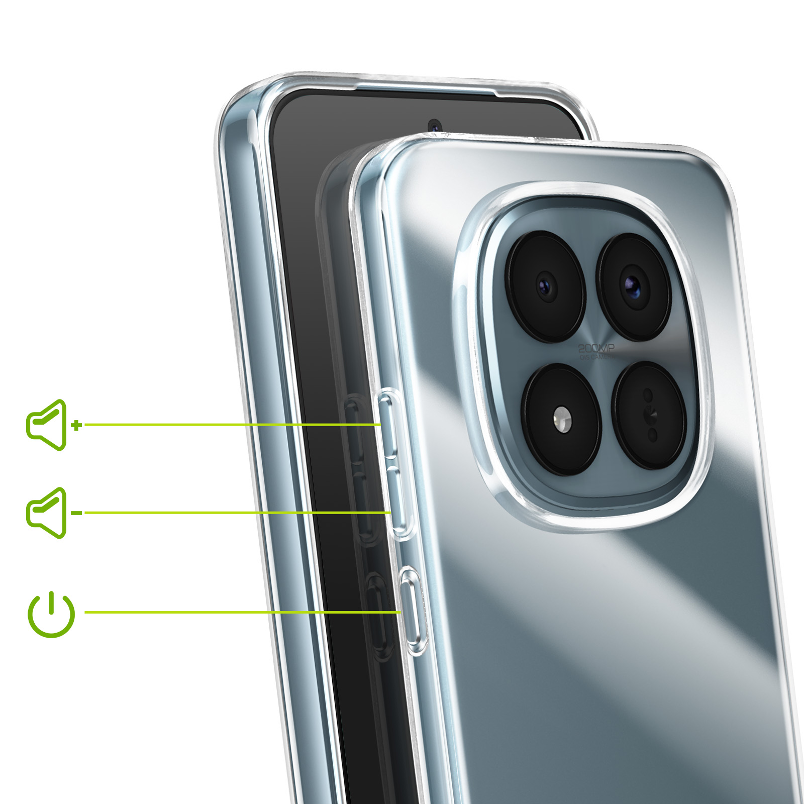 Una cover trasparente per telefono mostra modulo fotocamera, tasti volume e accensione.