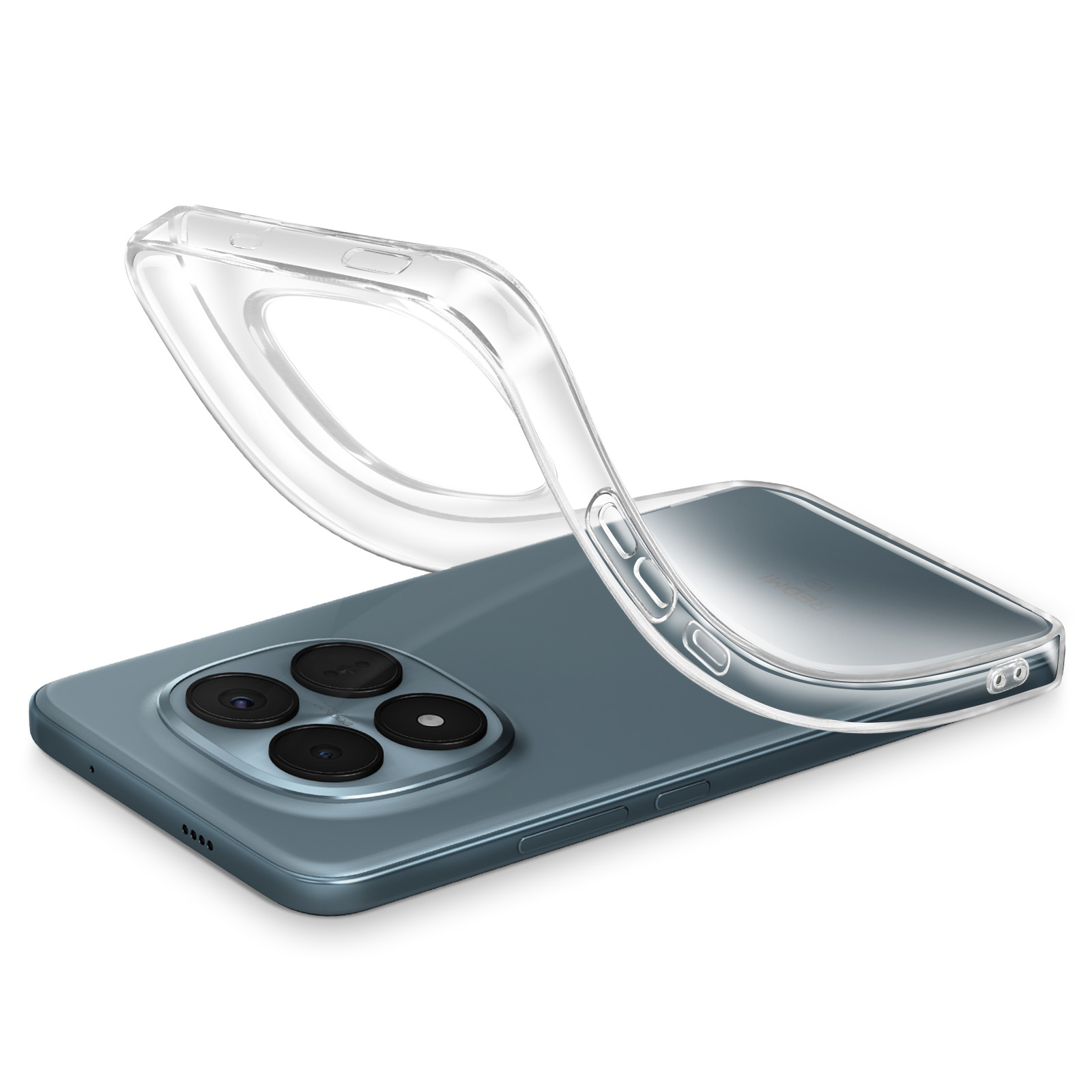 Custodia trasparente sopra uno smartphone blu con quattro fotocamere.