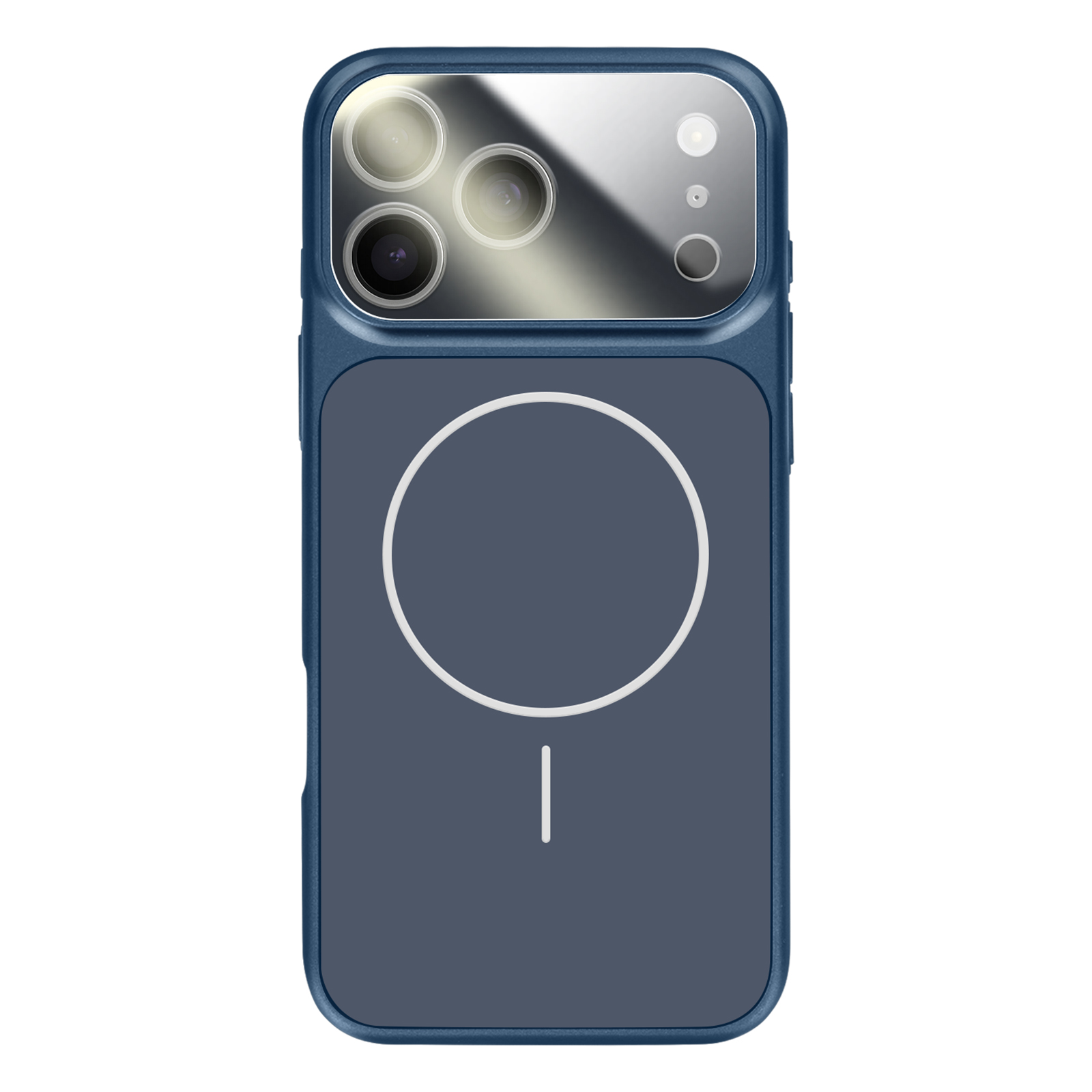 Donkerblauwe telefoonhoes met camerapod en witte cirkel/streep.