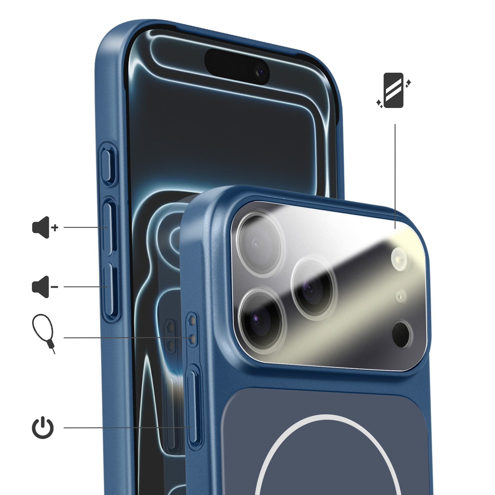Donkerblauwe telefoonhoes toont knoppen, camera en scherm.