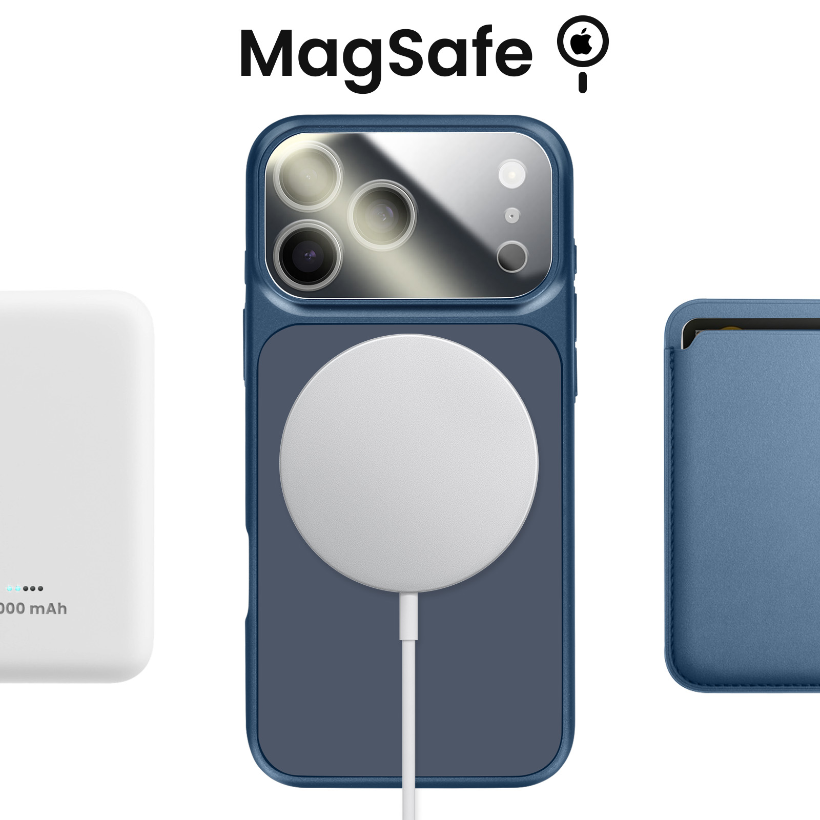 Drie blauwe Apple MagSafe accessoires: batterijpakket, hoesje en pasjeshouder.