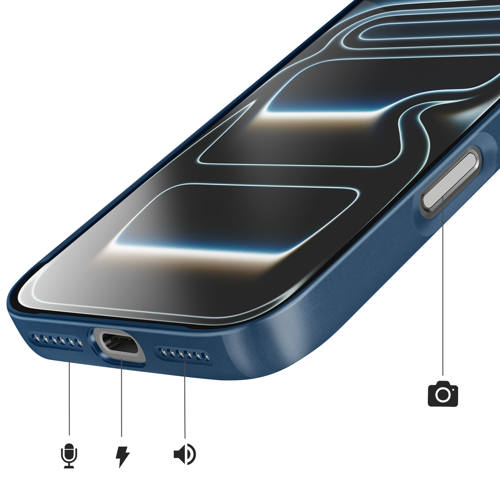 Blauwe telefoon met oplaadpoort, microfoon, luidspreker en camera-icoon.