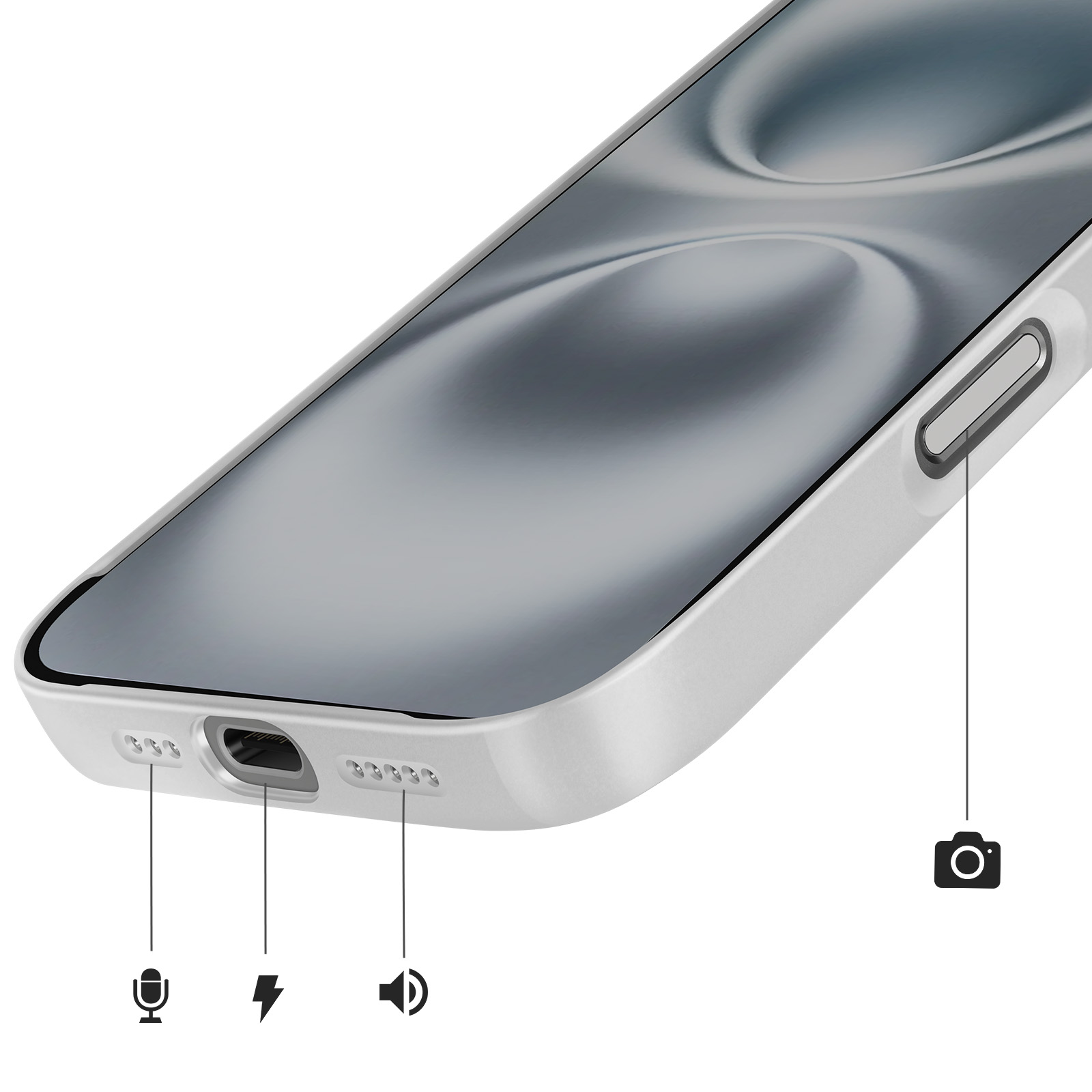 Nahaufnahme eines weißen Smartphone-Gehäuses mit markierten Anschlüssen: Mikrofon, Ladeanschluss, Lautsprecher und Kamera.