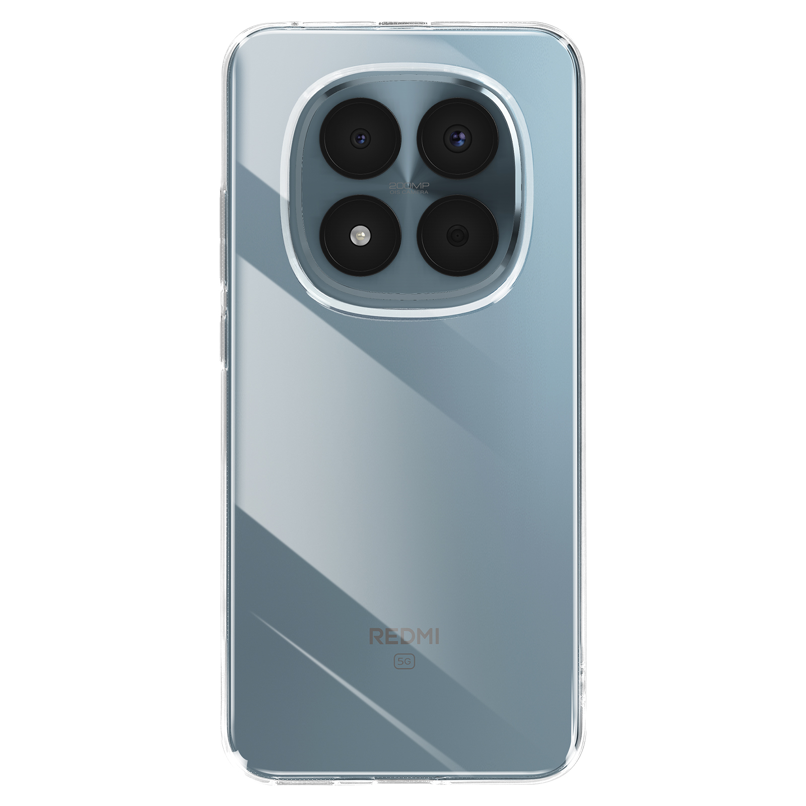 Retro di uno smartphone trasparente con quadrupla fotocamera e logo Redmi 5G.
