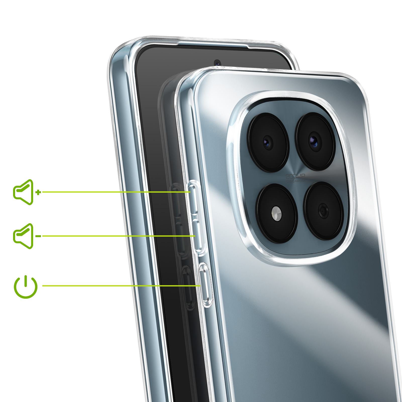 Custodia trasparente per telefono con pulsanti volume, accensione e modulo fotocamera.