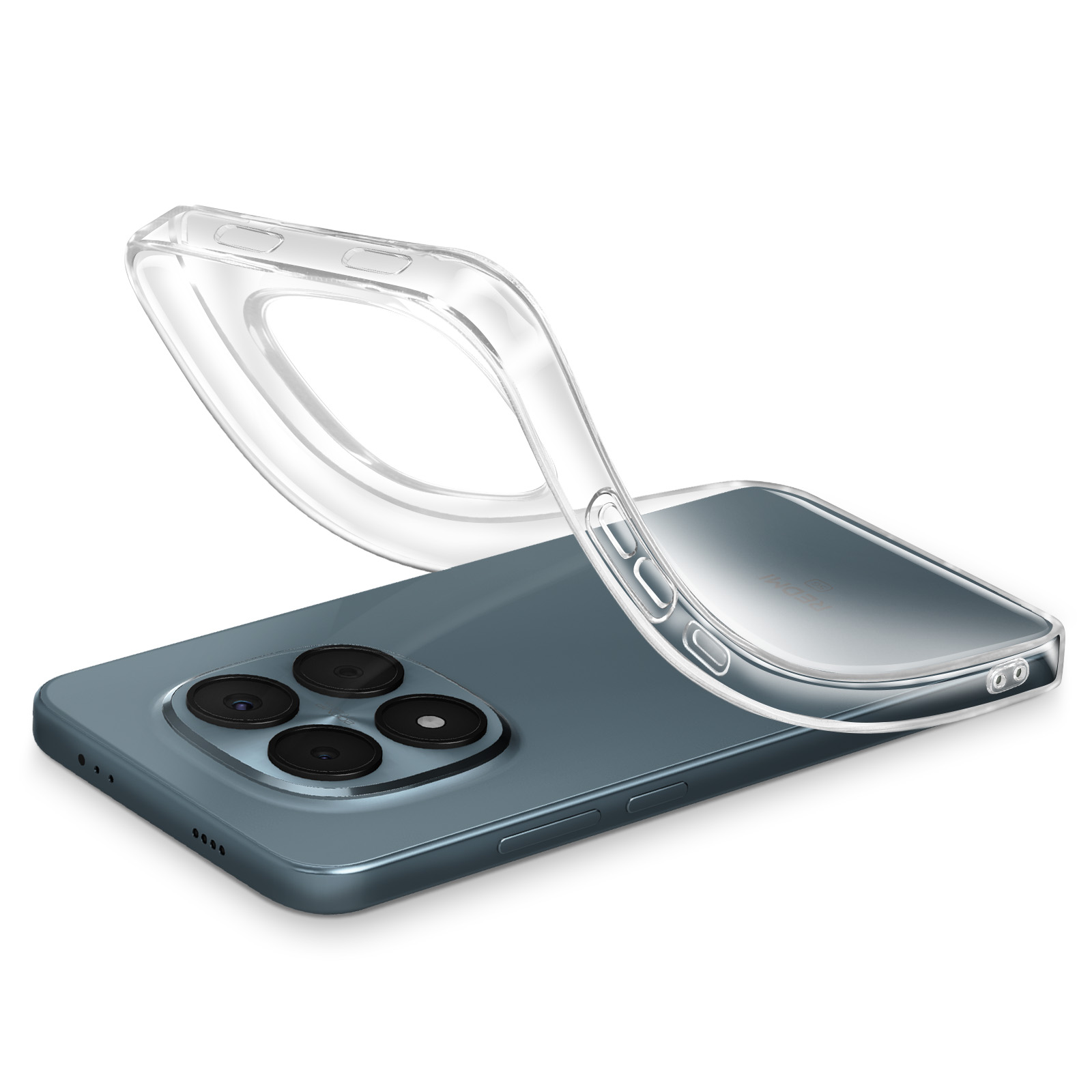 Custodia trasparente su smartphone blu con setup quad-camera.